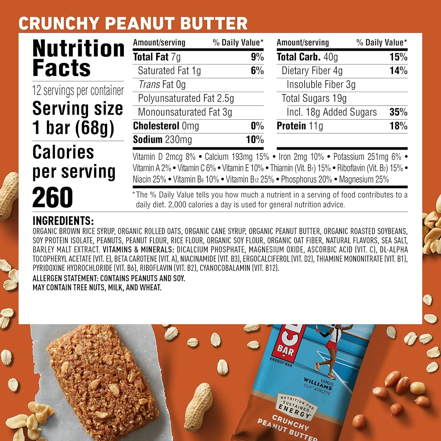 Clif Bars - Energy Bars - Crunchy Peanut Butter - Made with Organic Oats - Plant Based Food - Vegetarian