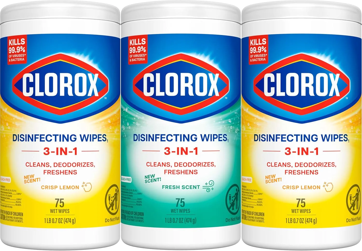Clorox Disinfecting Wipes Value Pack, Cleaning Wipes, 75 Count Each, Pack of 3 (Package May Vary) Standard Packaging