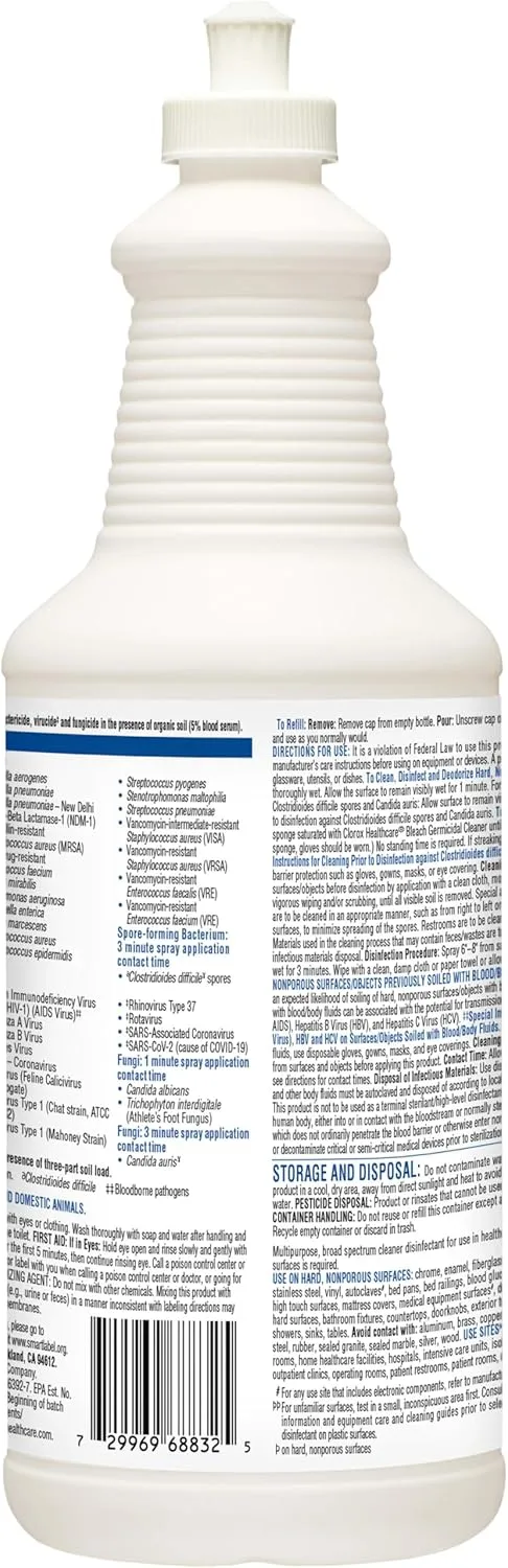 Clorox Healthcare Bleach Germicidal Cleaner, 32 fl oz, Case of 6
