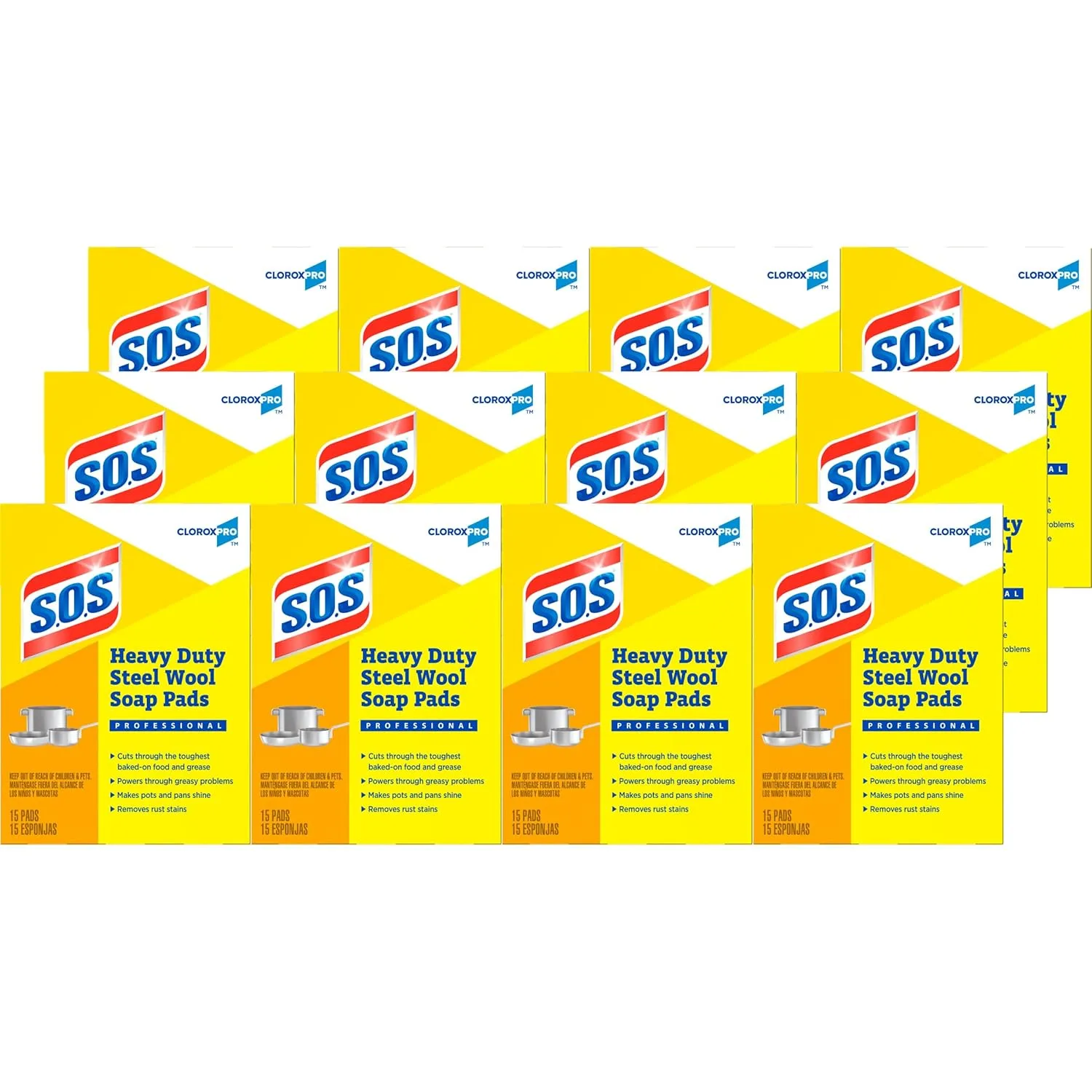 CloroxPro S.O.S Steel Wool Soap Pads, 15 Ct., Pack of 12 (Pack May Vary)