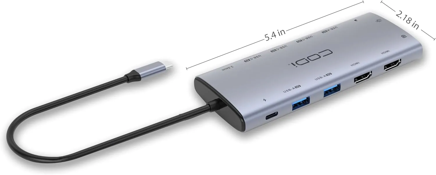 CODi 12-in-1 Multi-Port USB-C Hub | Dual HDMI, DisplayPort, USB-A, USB-C, Ethernet, and Power Delivery