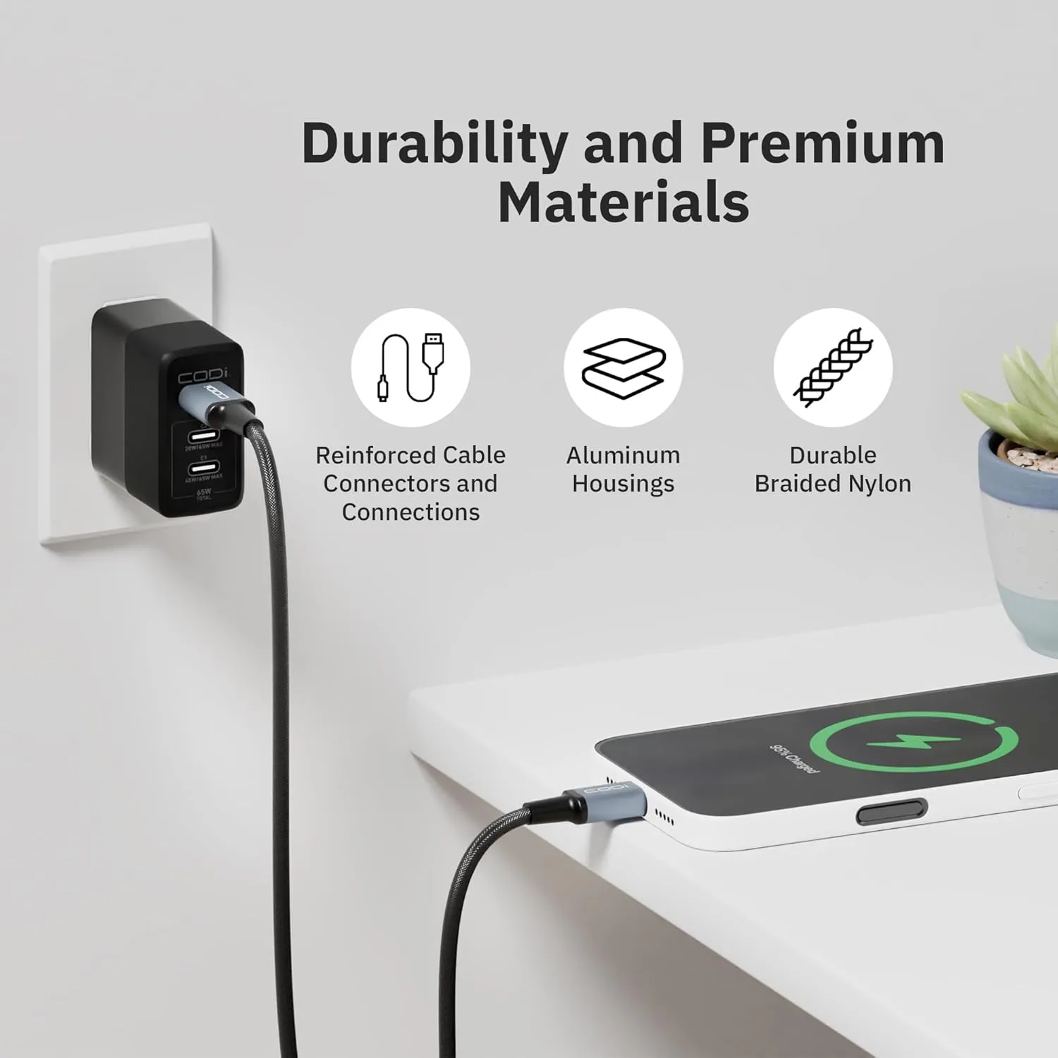 CODi 3ft Braided Nylon USB-A to USB-C Charging & Sync Cable – Fast Charge Compatible, Tangle-Free, Durable Aluminum Housing