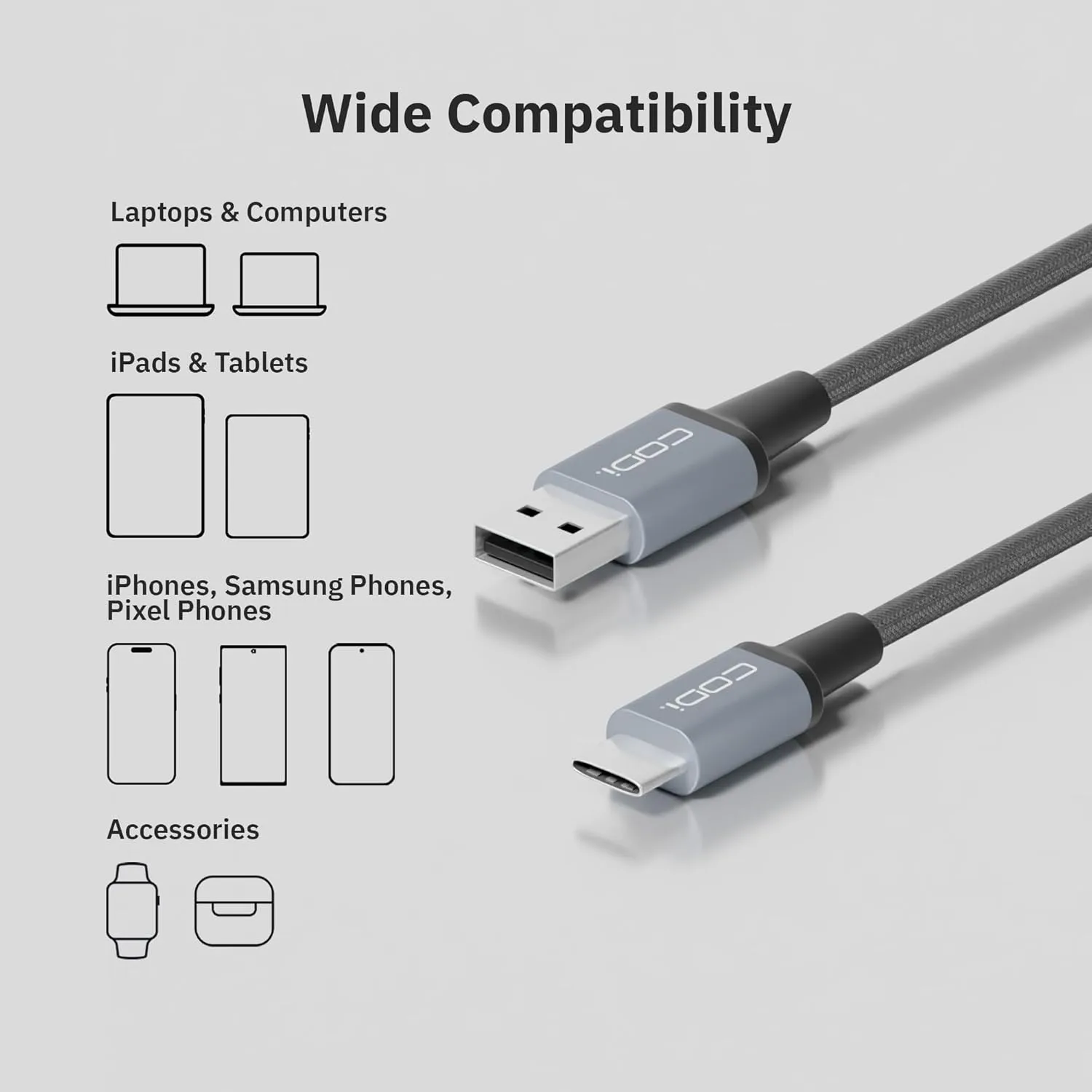 CODi 3ft Braided Nylon USB-A to USB-C Charging & Sync Cable – Fast Charge Compatible, Tangle-Free, Durable Aluminum Housing