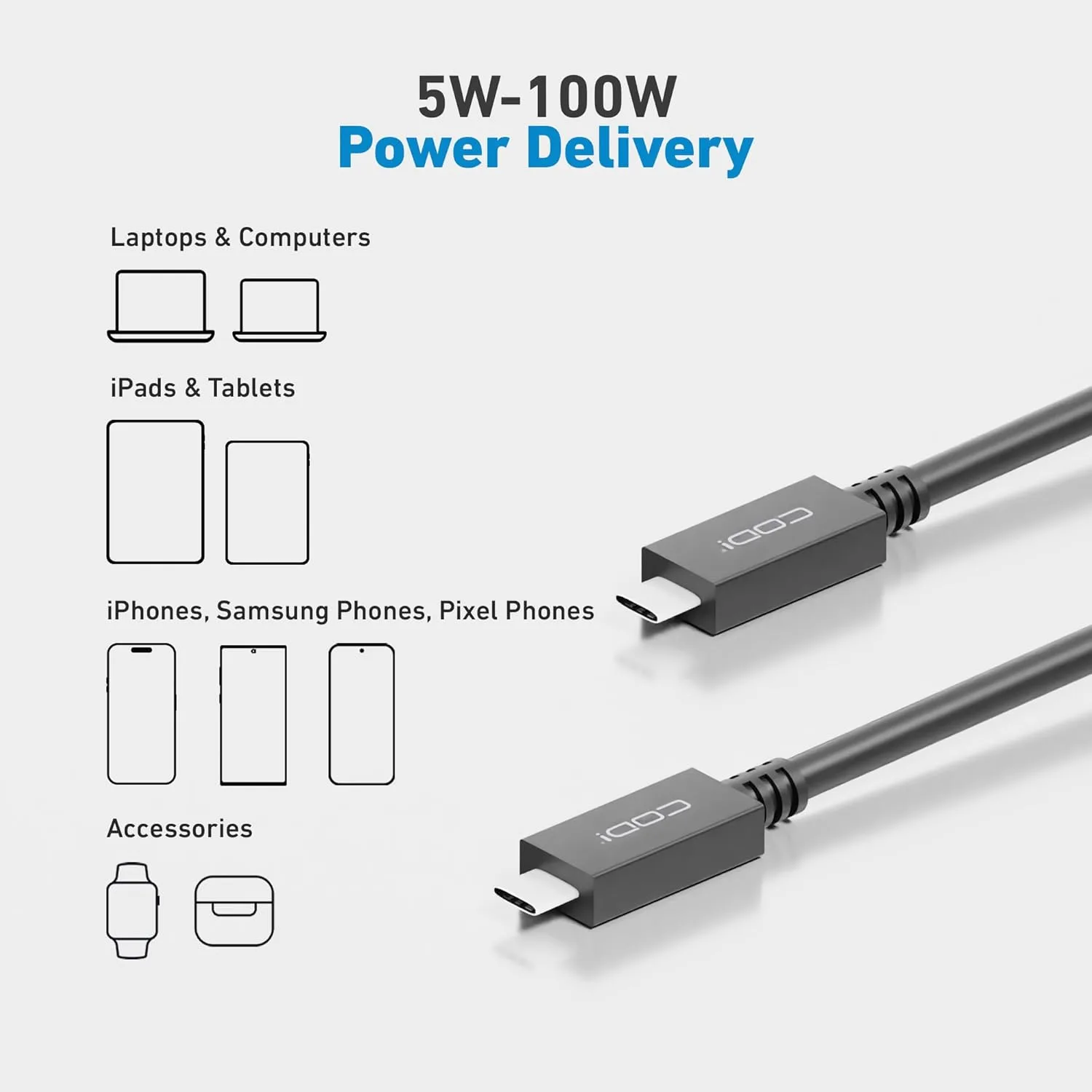 CODi 3ft USB-C to USB-C Cable – USB 3.2 Gen 2, 100W PD Charging, 10Gbps Data Transfer, 4K@60Hz Video Support