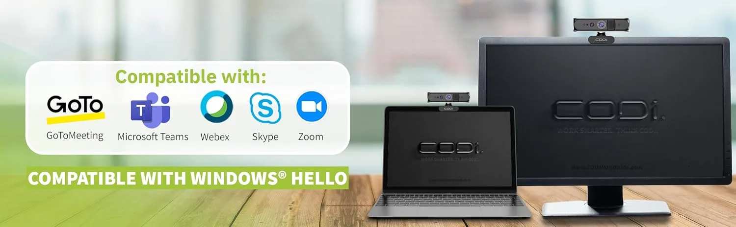 CODi Allocco HD 1080P Windows Hello Webcam with IR Facial Recognition & Noise-Canceling Mic – Autofocus, USB-A, Tripod Mount