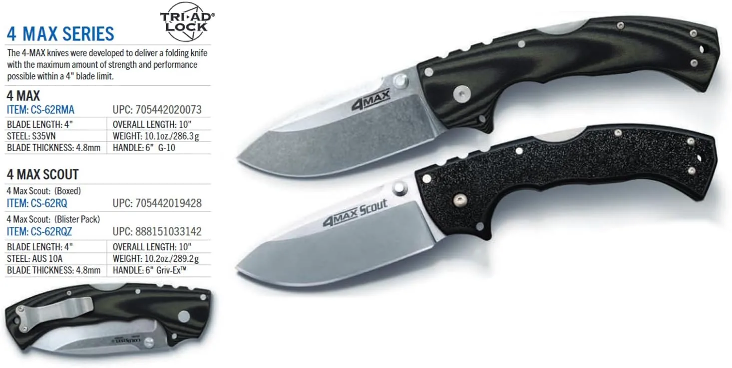 COLD STEEL 4-Max Elite 4 in S35VN Steel Blade Tactical Pocket Folding Knife w/Tri-Ad Locking Mechanism and G-10 Handle Scales