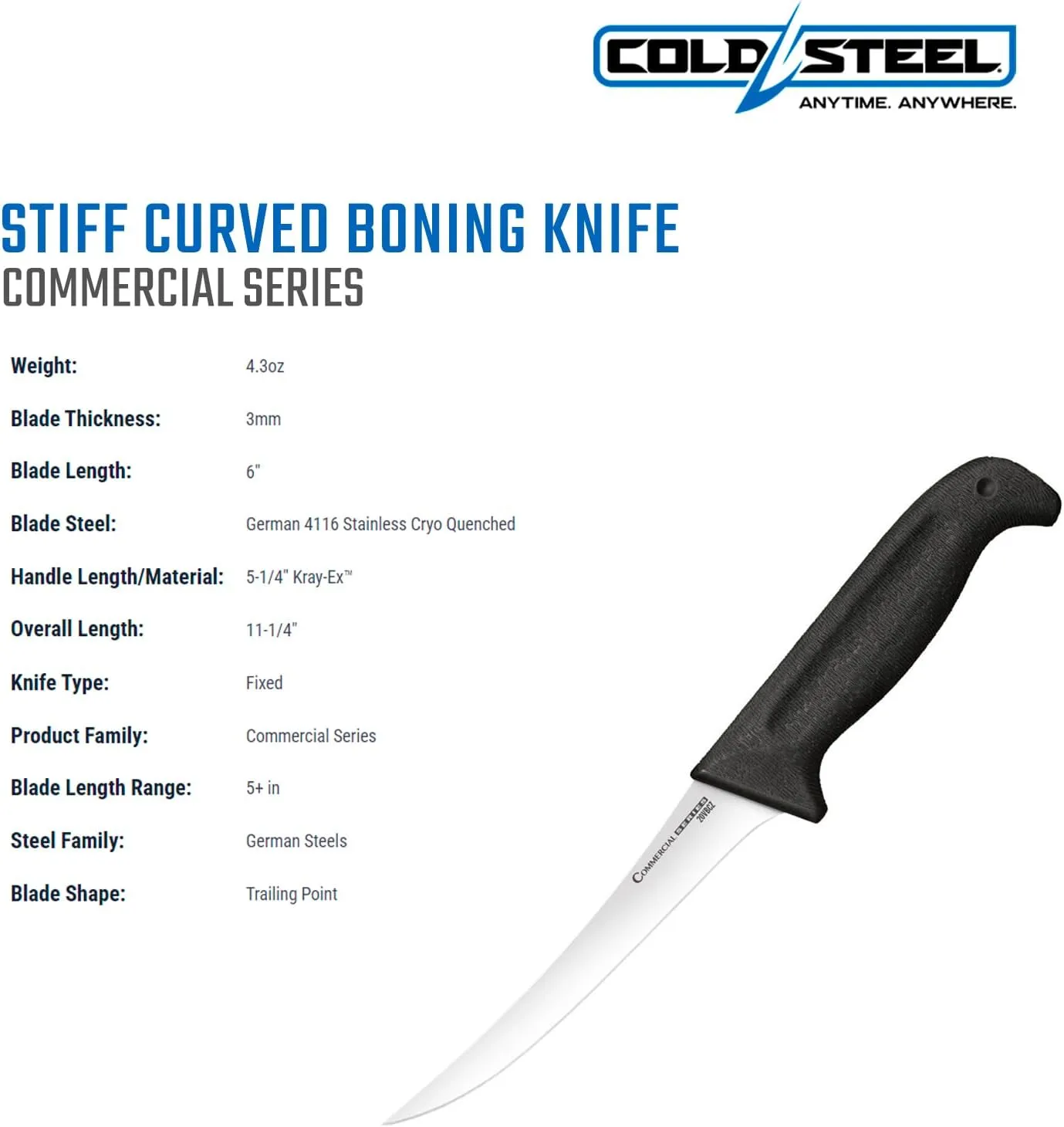Cold Steel Commercial Series 6" Stiff Curved German 4116 Stainless Steel Fixed Blade Trailing Point Narrow Game & Fish