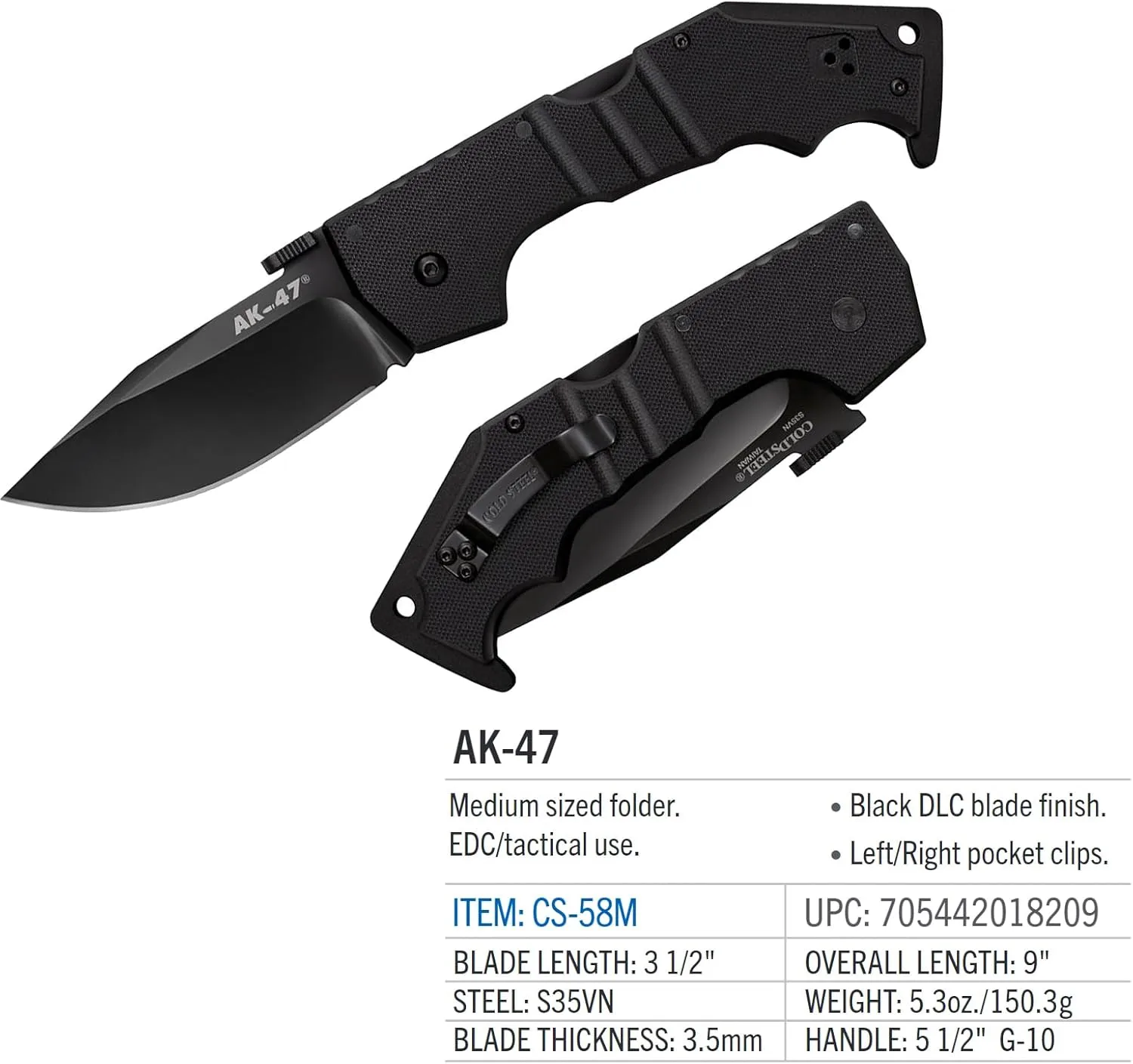 Cold Steel AK-47 3.5" S35VN Razor-Sharp Clip Point Blade 5.5" G-10 Handle Tactical Folding Knife withTri-Ad Lock