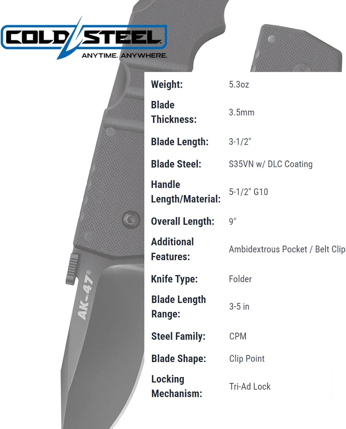 Cold Steel AK-47 3.5" S35VN Razor-Sharp Clip Point Blade 5.5" G-10 Handle Tactical Folding Knife withTri-Ad Lock
