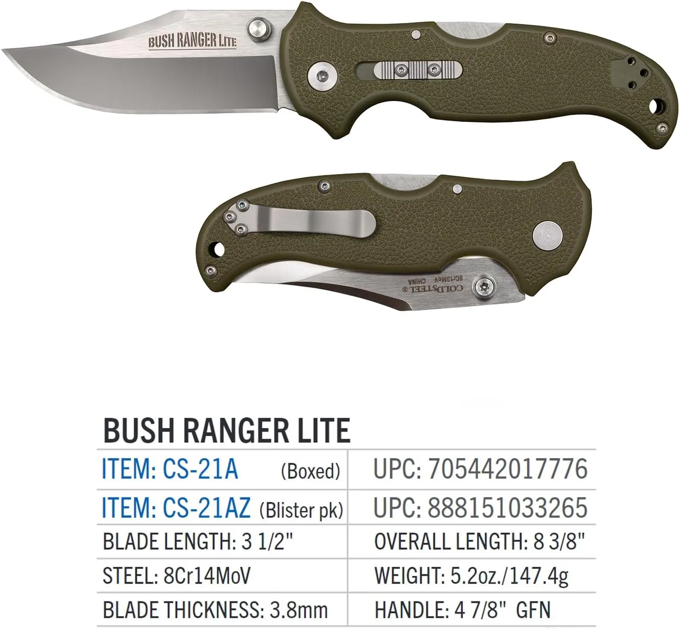 COLD STEEL Bush Ranger Lite 3.5" 8Cr13MoV Folding Knife with GFN Handle and Rocker Lock