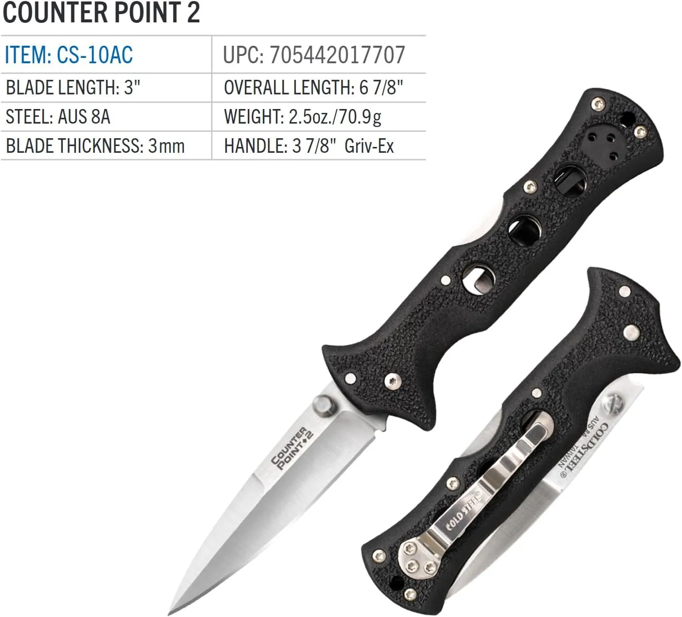 COLD STEEL Counter Point 2 3" Japanese AUS8A Razor-Sharp Blade 3.875" Griv-Ex Handle Narrow Blade Folding Knife withTri-Ad