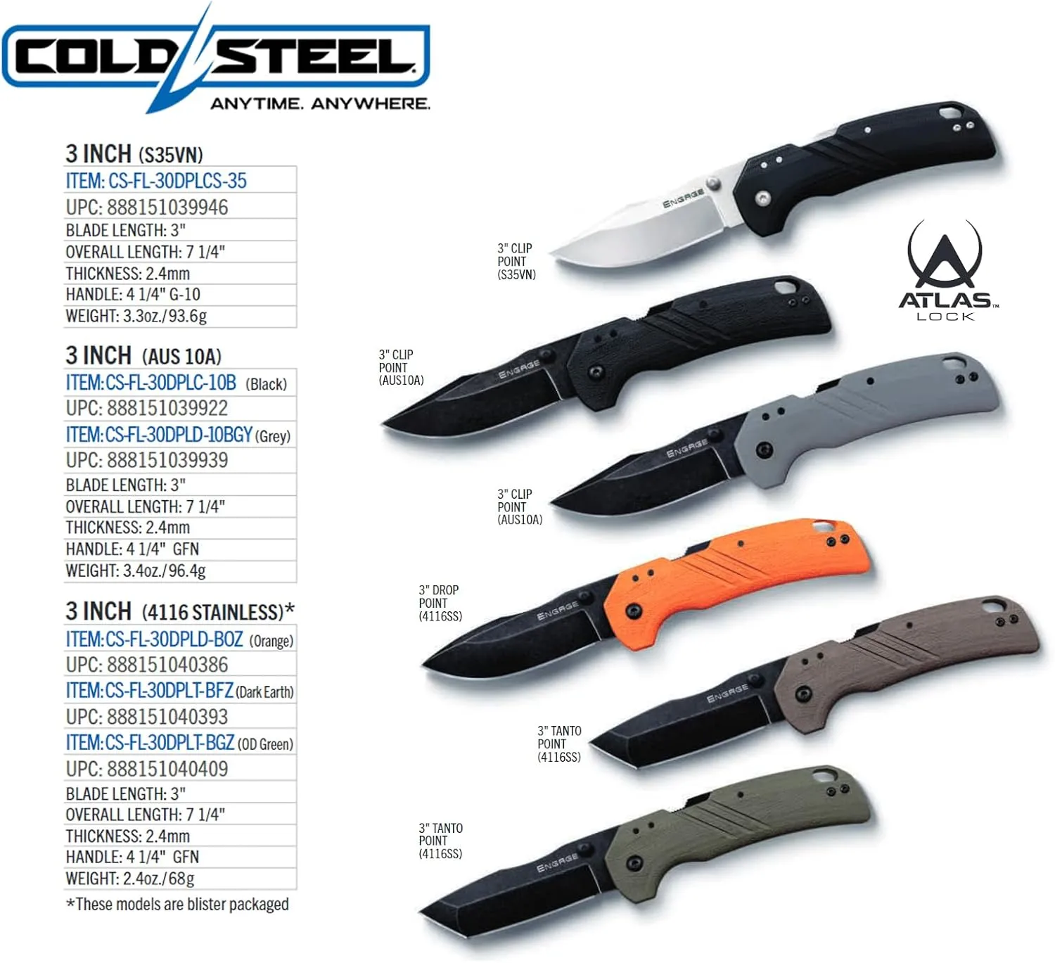 COLD STEEL Engage 3" 4116SS Razor-Sharp Tanto Point Blade 4.25" GFN Handle Everyday Carry Tactical Folding Knife with Atlas