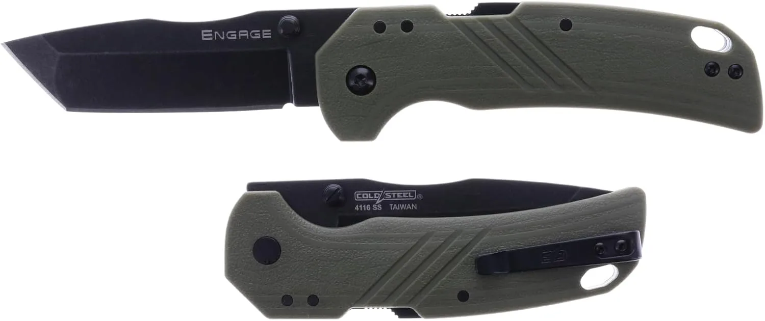 COLD STEEL Engage 3" 4116SS Razor-Sharp Tanto Point Blade 4.25" GFN Handle Everyday Carry Tactical Folding Knife with Atlas