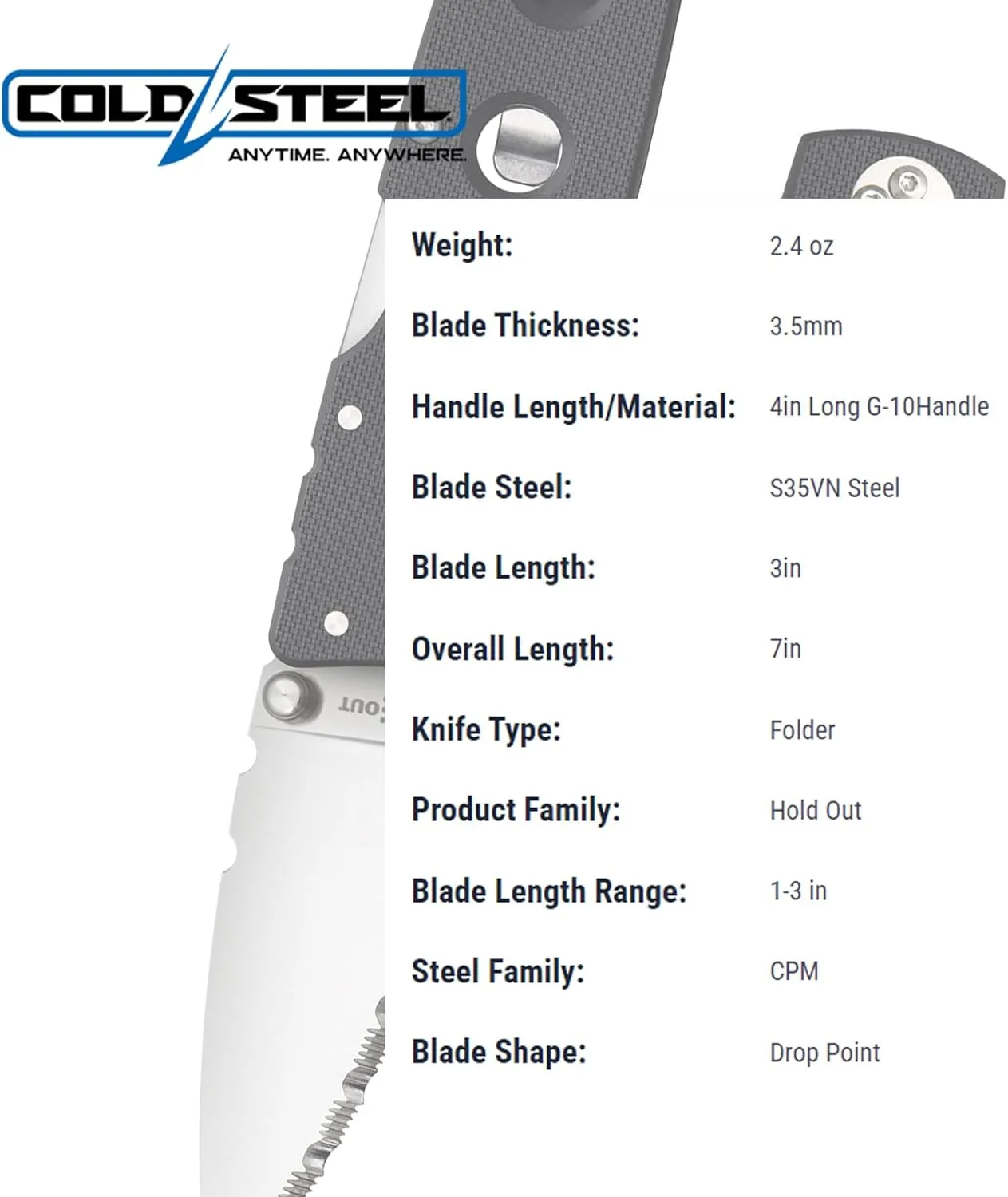 COLD STEEL Hold Out 3" S35VN Folding Pocket Knife with G-10 Handle and Tri-Ad Lock