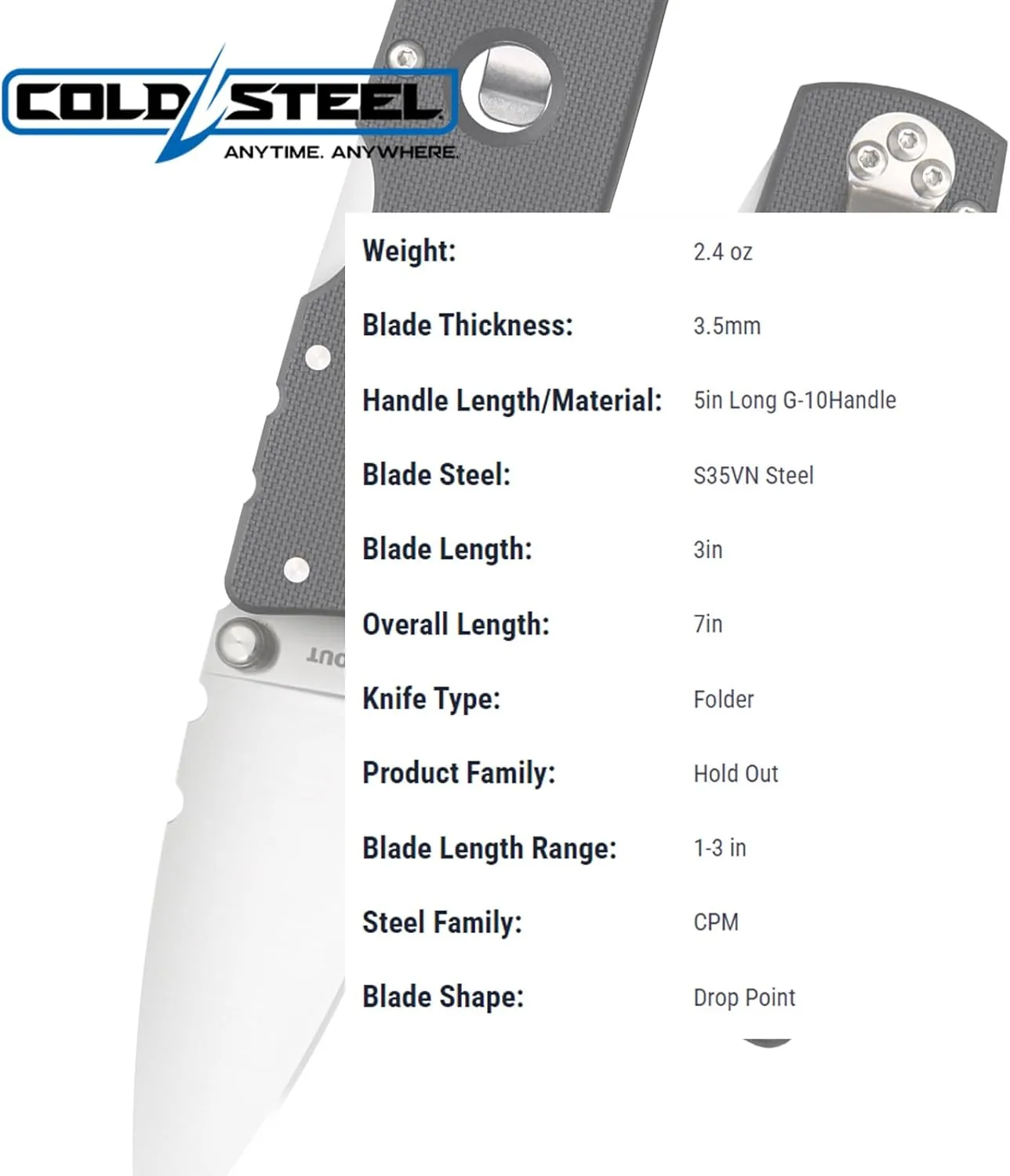 COLD STEEL Hold Out 3" S35VN Folding Pocket Knife with G-10 Handle and Tri-Ad Lock