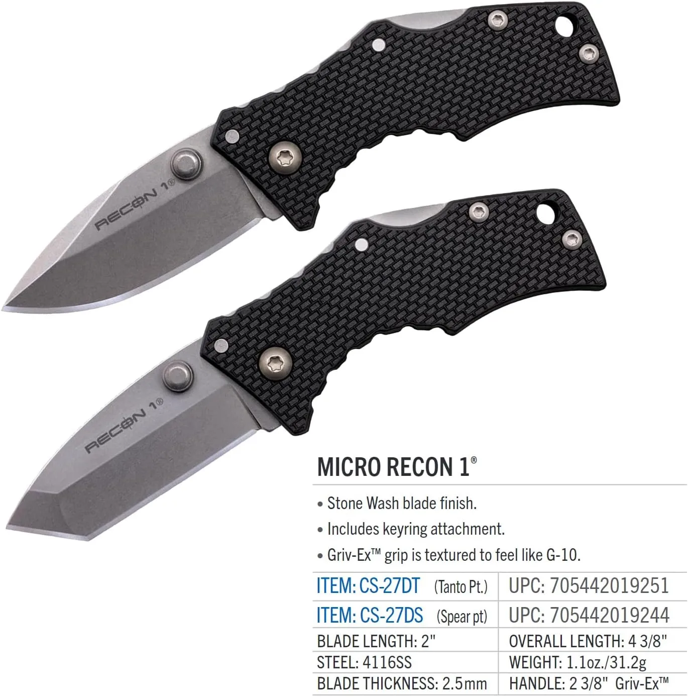 COLD STEEL Micro Recon 1 2" 4034 SS Folding Knife - Griv-Ex Handle, Tri-Ad Lock