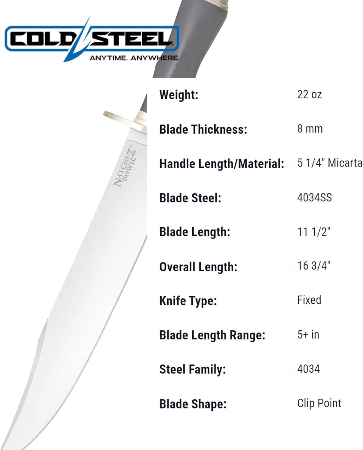 Cold Steel Natchez Bowie 11.5" 4034SS Steel Razor-Sharp Clip Point Blade 5.25" Micarta Handle Fixed Blade Hunting Knife