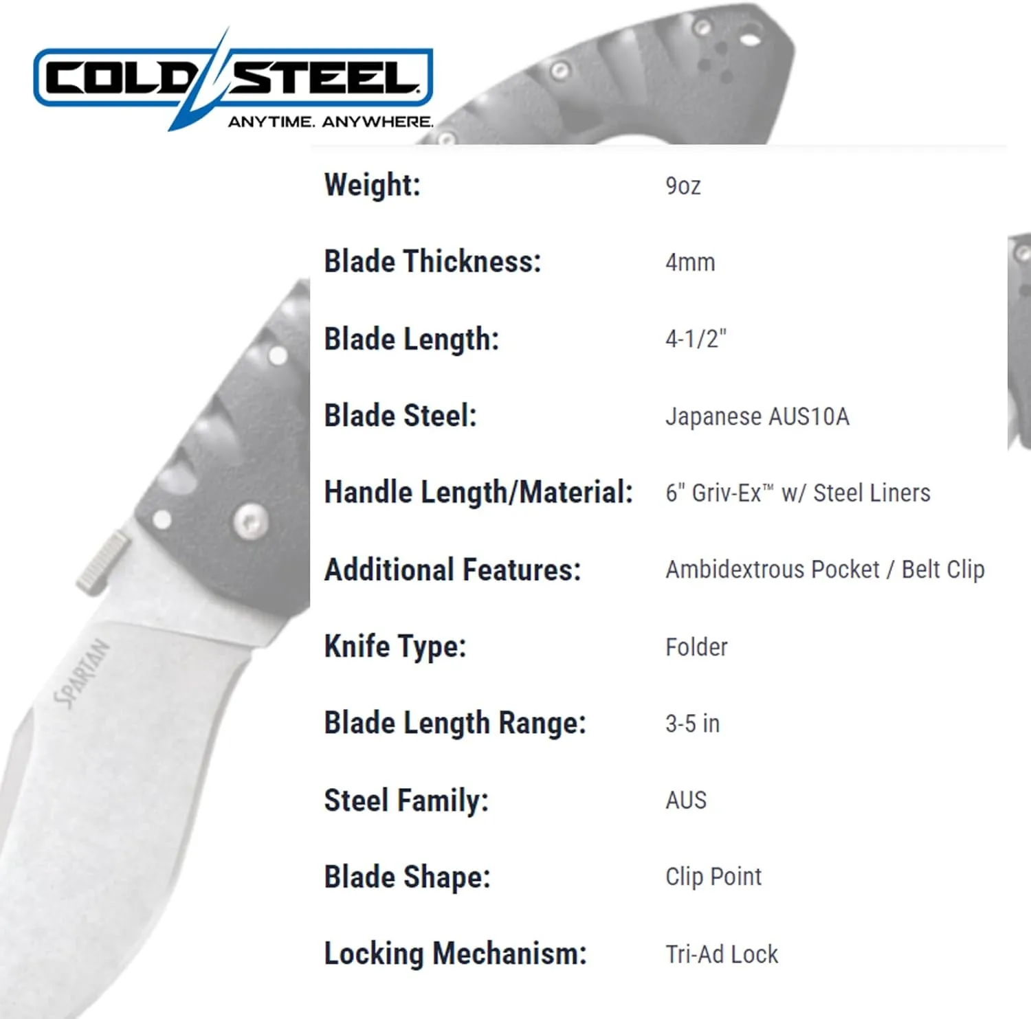 COLD STEEL Spartan 4.5 in Japanese AUS10A Blade Tactical Pocket Folding Knife withTri-Ad Lock and Griv-Ex Handle withSteel
