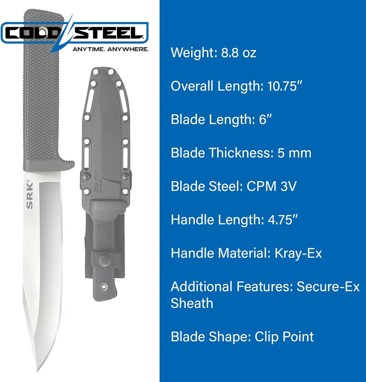 COLD STEEL SRK 6" CPM 3V Clip Point Razor-Sharp Blade 4.75" Kray-Ex Durable Handle Tactical Fixed Blade Knife withSecure-Ex