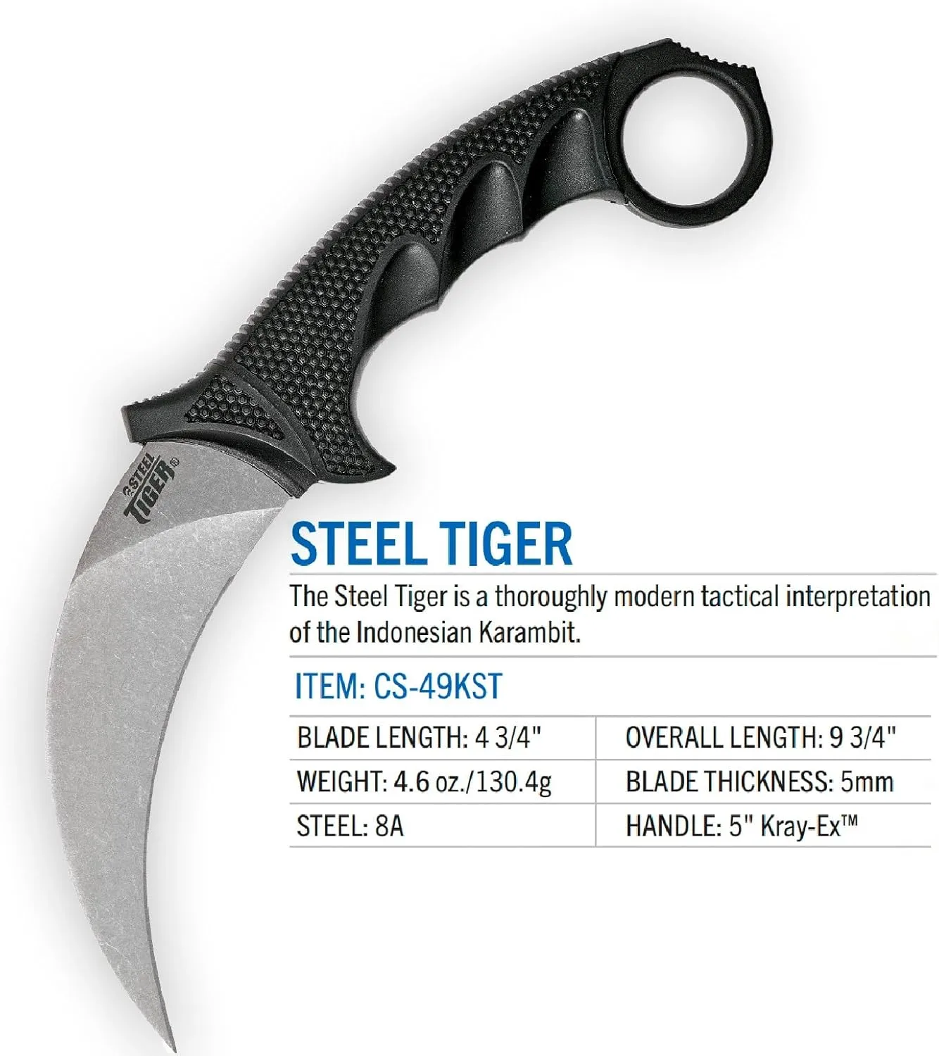 Cold Steel Steel Tiger 4.75'' Japanese Aus8A Stainless Steel W/ Stonewashed Finish Karambit Shape Fixed Blade Tactical
