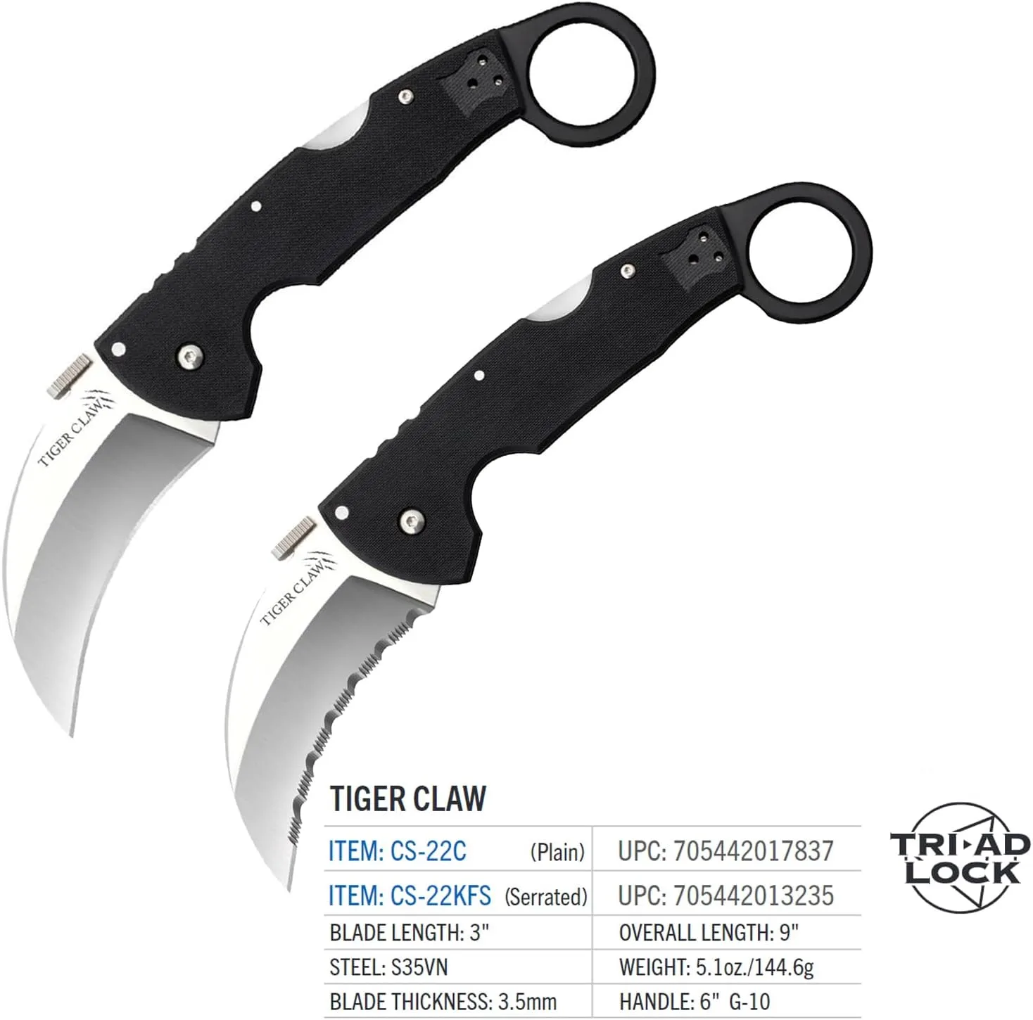 Cold Steel Tiger Claw Hawkbill Folding Knife with S35VN and G-10 Handle