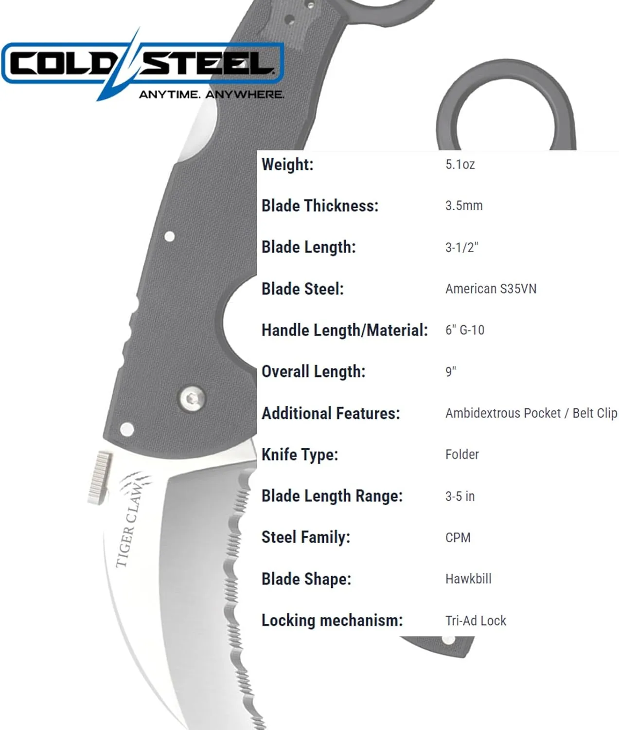 Cold Steel Tiger Claw Hawkbill Folding Knife with S35VN and G-10 Handle