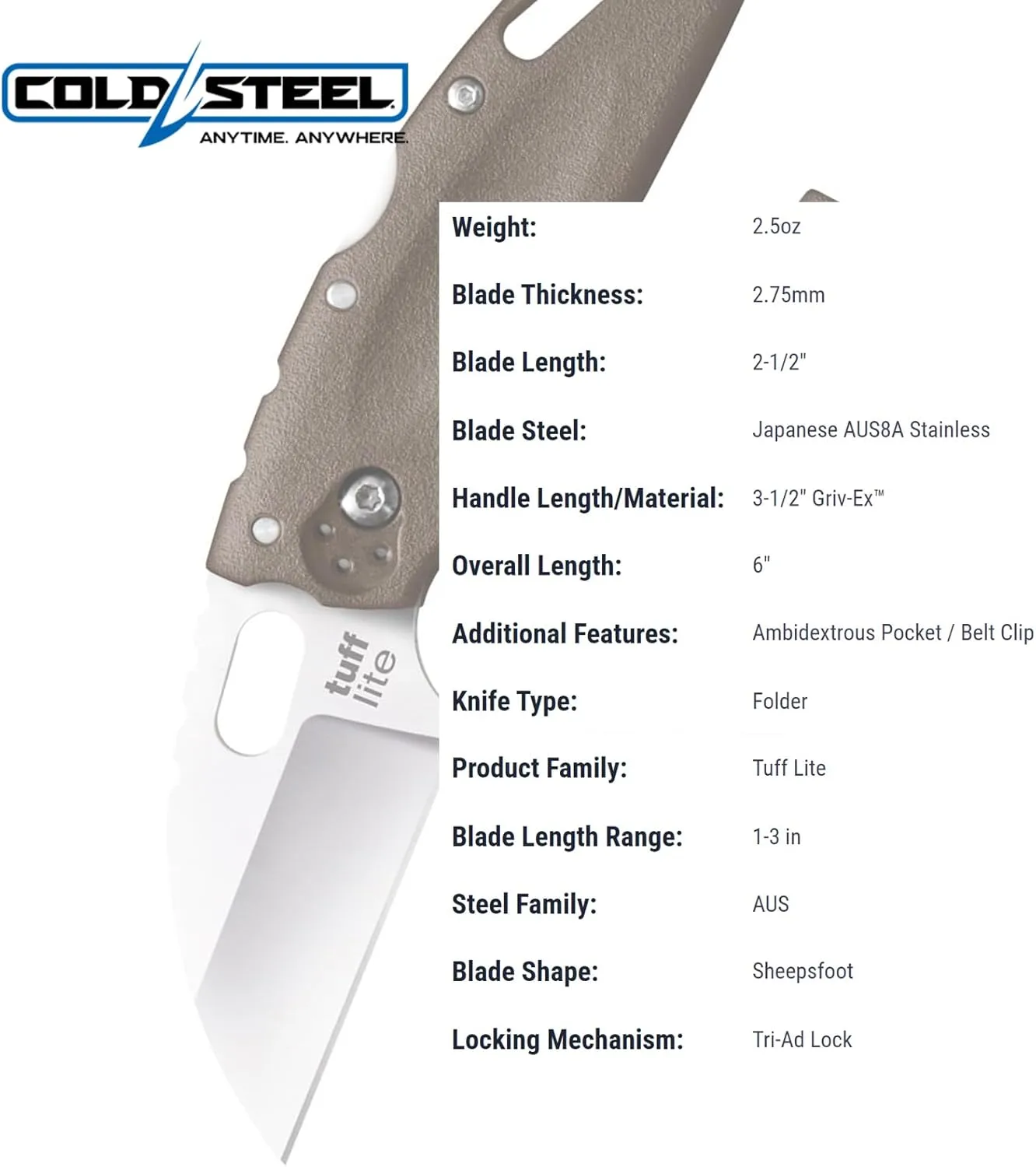 COLD STEEL Tuff Lite Pocket Folding Knife - AUS8A Sheepsfoot Plain Blade, Griv-Ex Handle