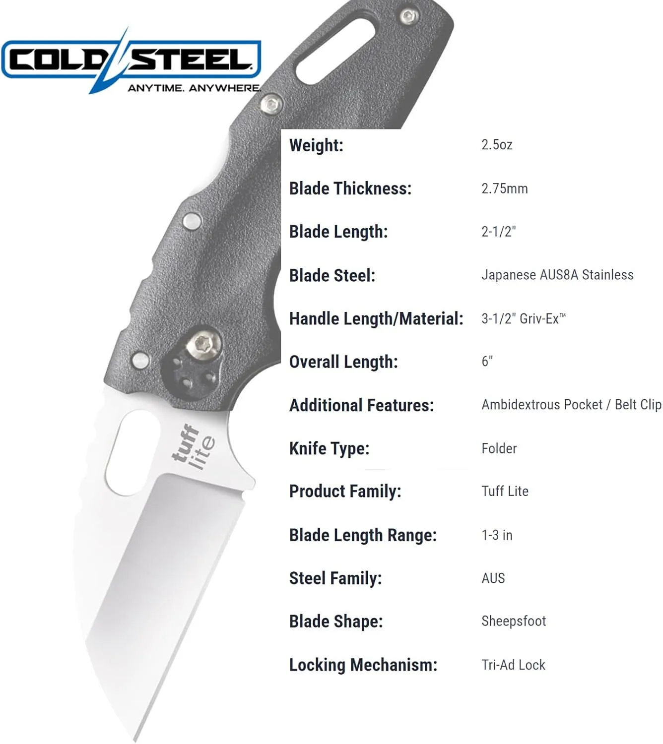 COLD STEEL Tuff Lite Plain Blade Pocket Folding Knife