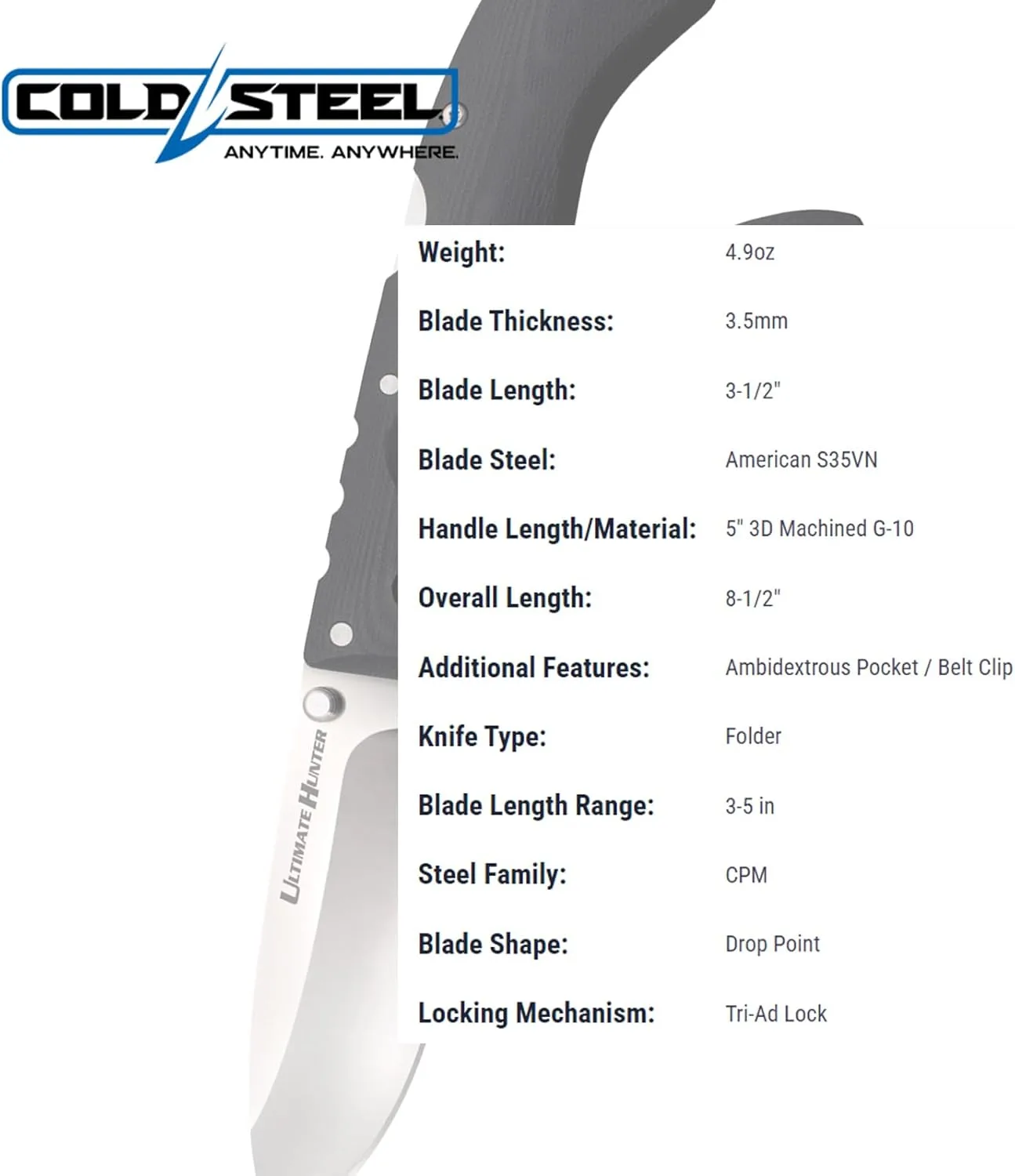 COLD STEEL Ultimate Hunter Folding Knife with S35VN Blade and G-10 Handle