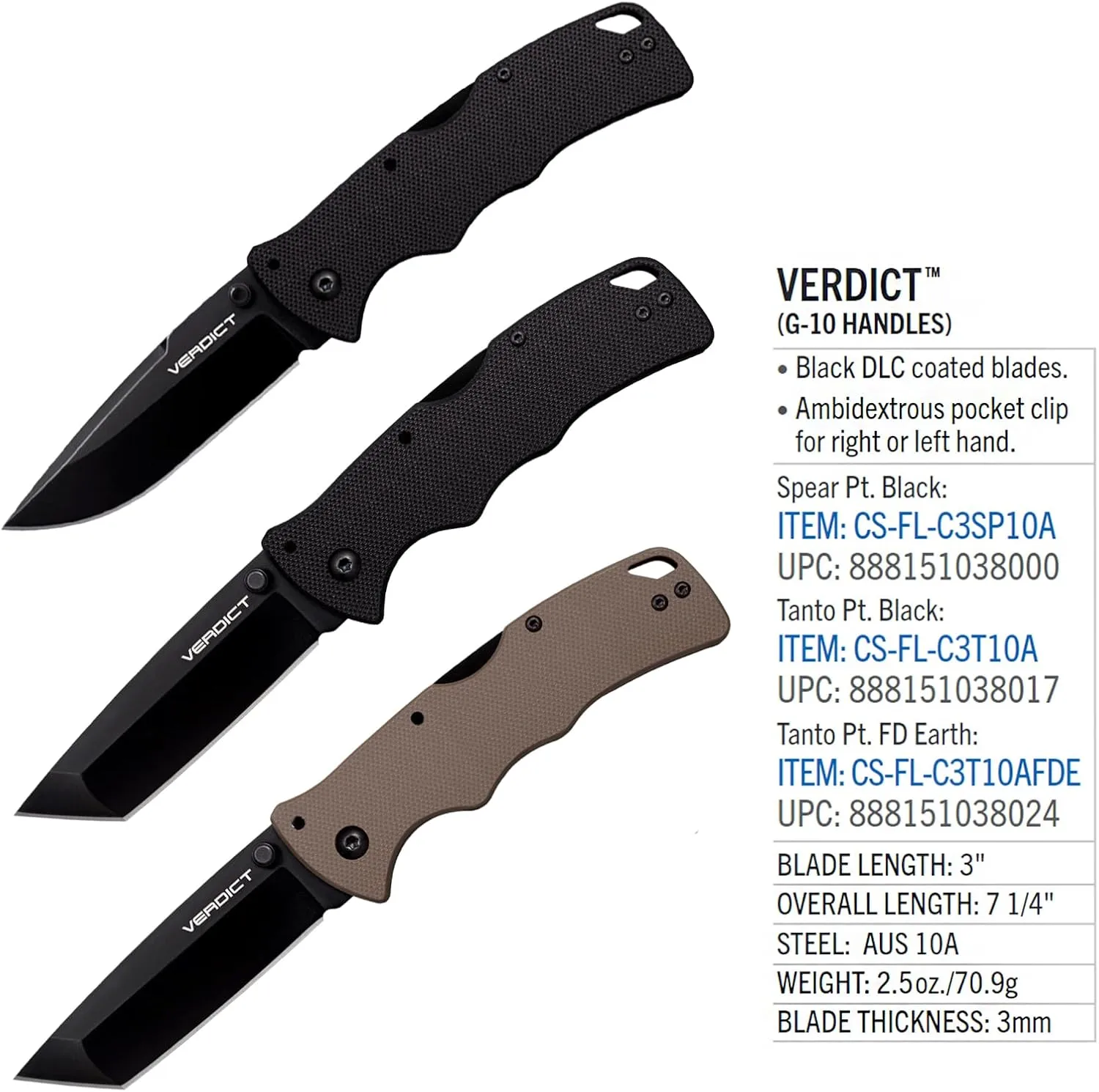 Cold Steel Verdict 3" AUS10A G-10 Handle Folding Knife with Tri-Ad Lock