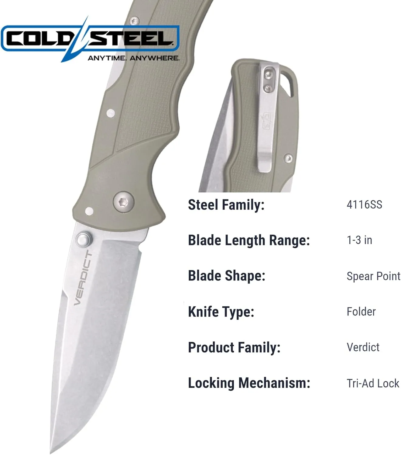COLD STEEL Verdict Folding Knife with 4116SS GFN Handle and Tri-Ad Lock
