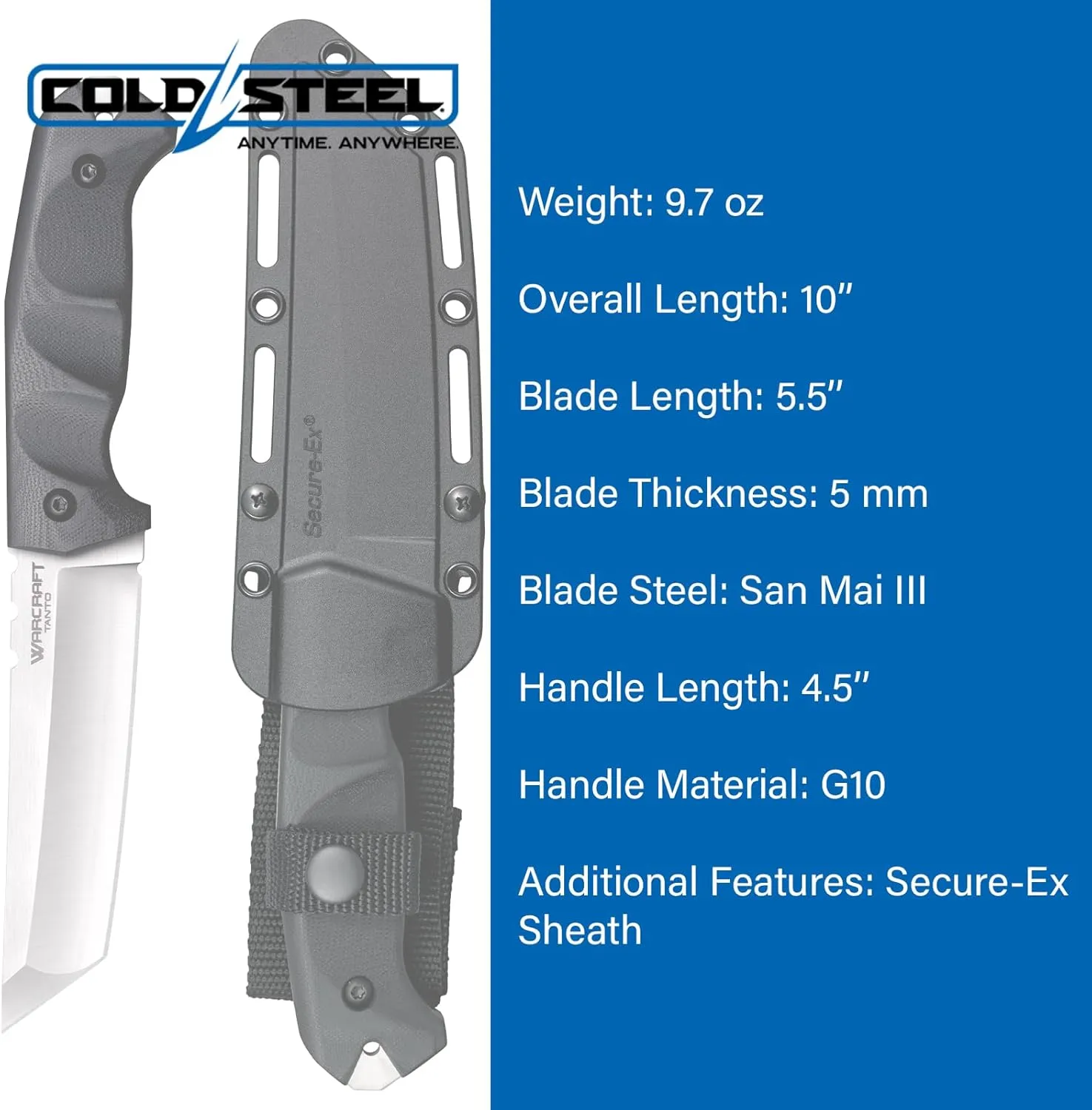 COLD STEEL Warcraft San Mai III Tanto Fixed Blade Knife with G-10 Handle and Secure-Ex Sheath