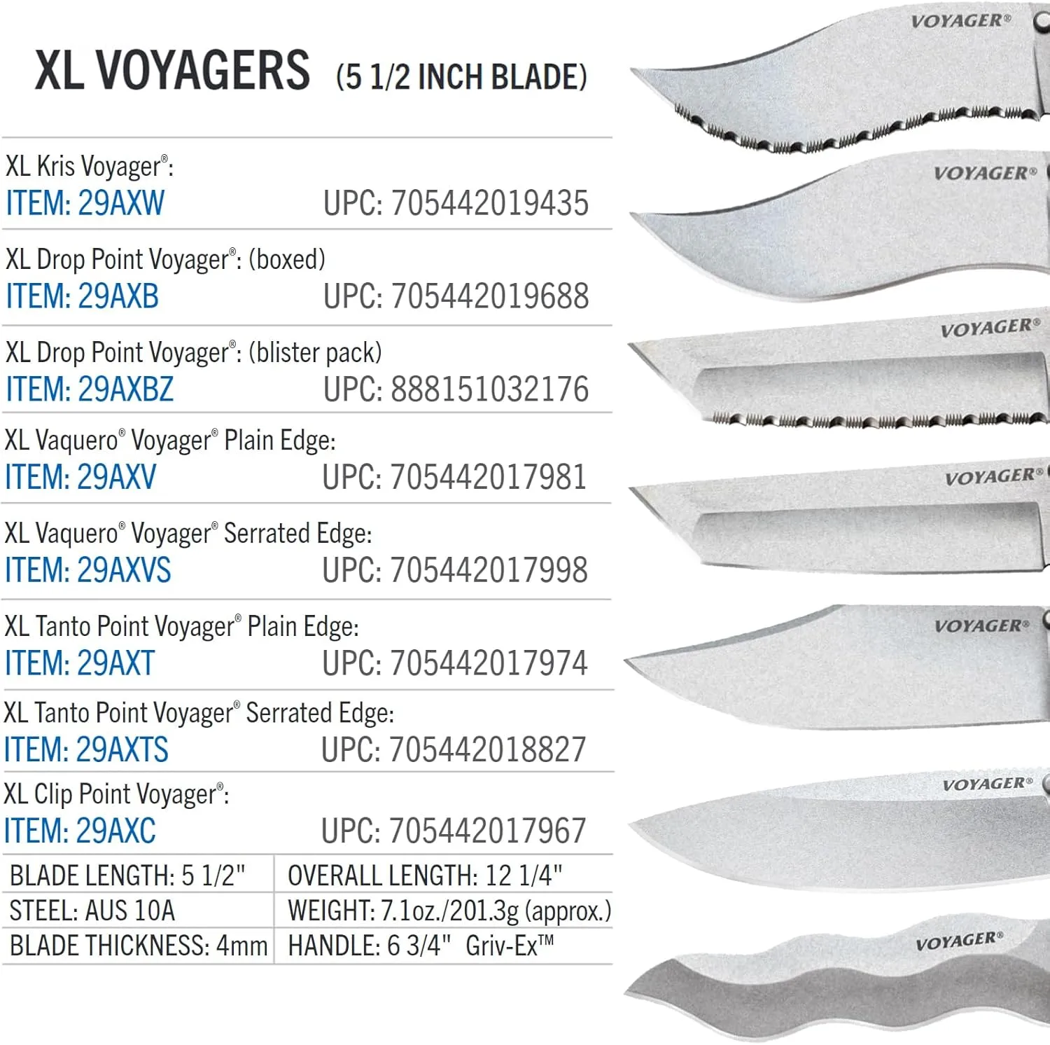 COLD STEEL XL Voyager 5.5 AUS10A Tanto Folding Knife with Griv-Ex Handle & Tri-Ad Lock