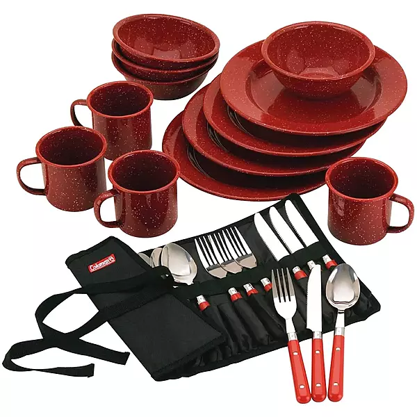 Coleman 24-Piece Enamel Dinnerware Set for Outdoor Dining, Dishwasher Safe, Full Dinnerware & Flatware Set for 4 People