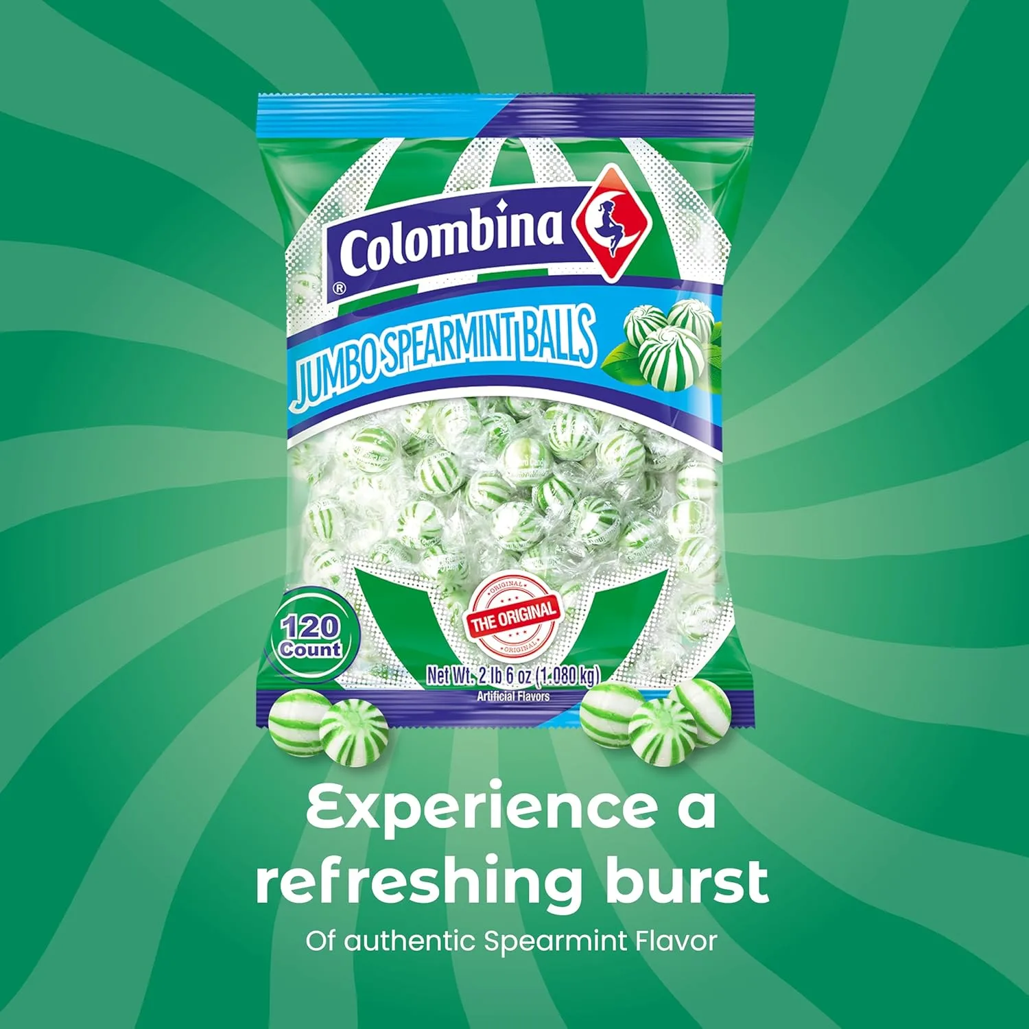 Colombina Jumbo Spearmint Balls, Individually Wrapped Natural Spearmint Flavored Candy, Ideal for Halloween and Christmas