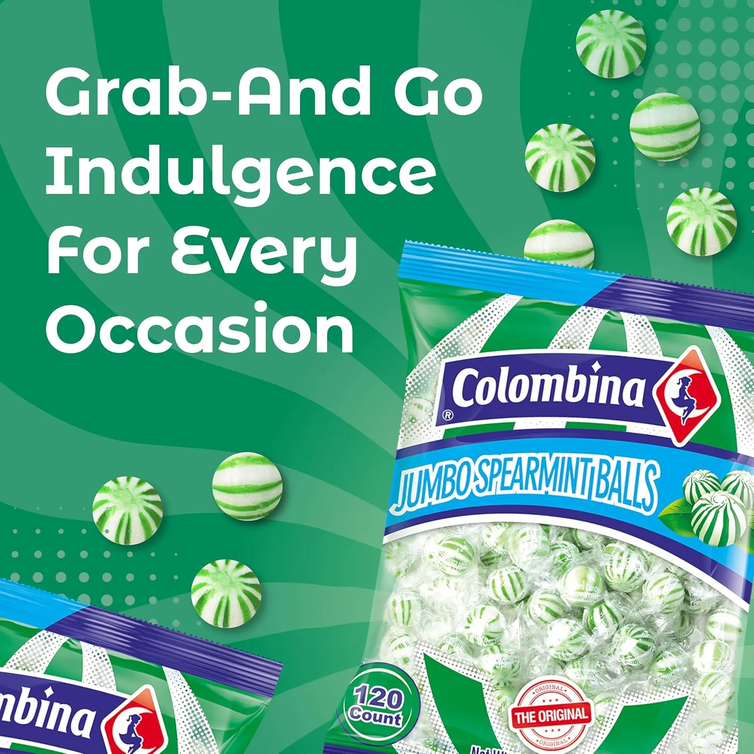 Colombina Jumbo Spearmint Balls, Individually Wrapped Natural Spearmint Flavored Candy, Ideal for Halloween and Christmas