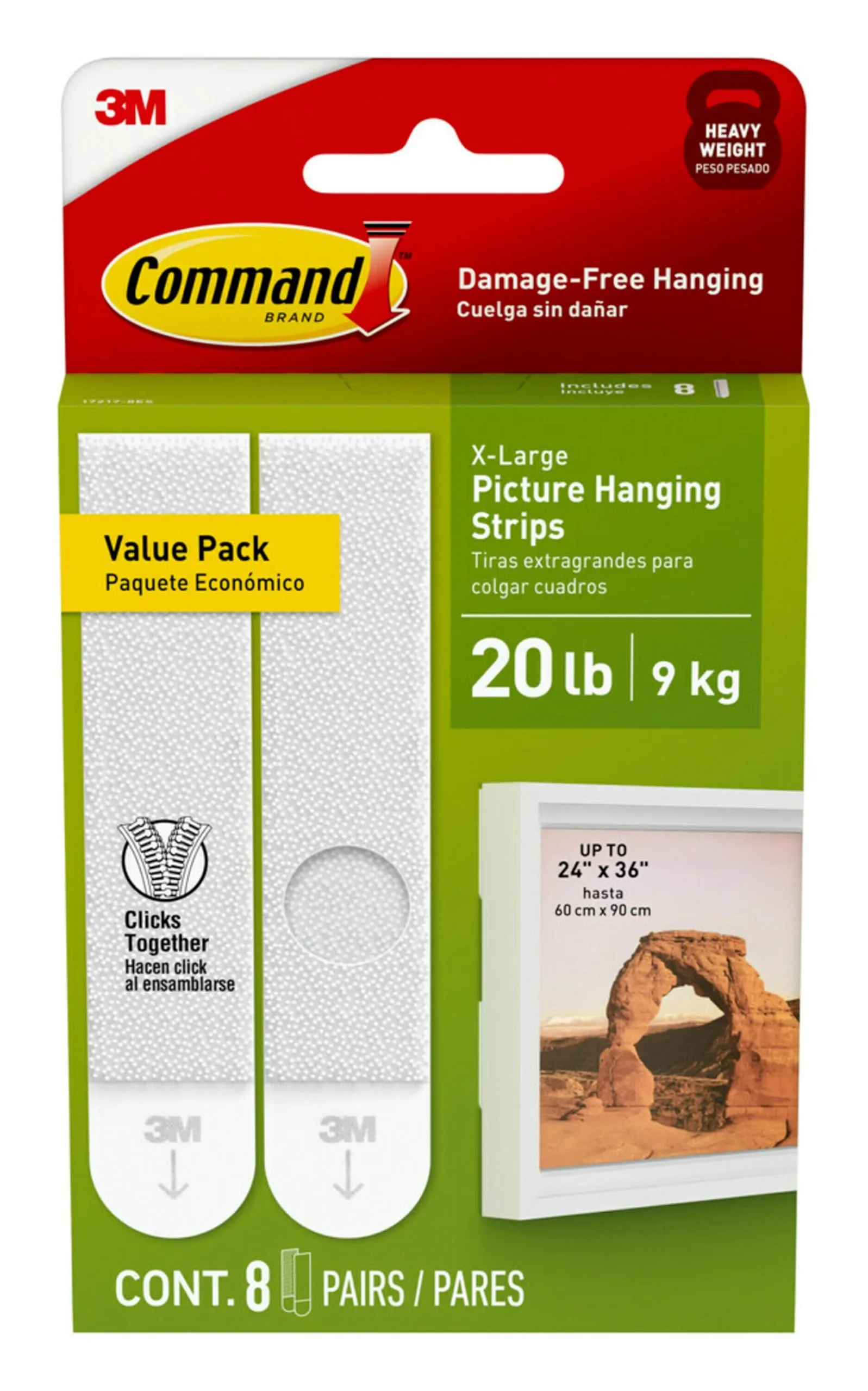 Command 20 Lb XL Picture Hanging Strips, 8 Pairs (16 Strips), White