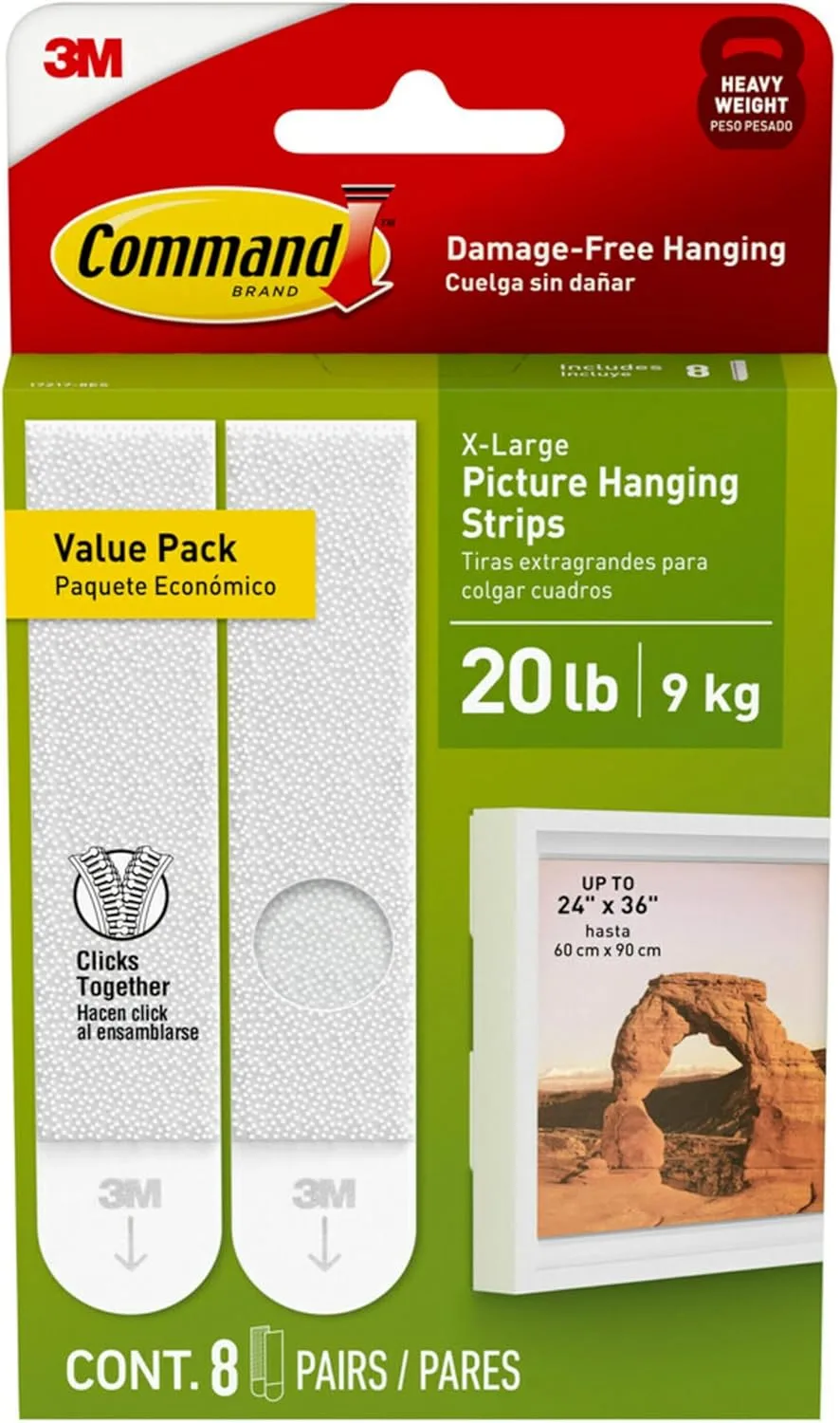 Command 20 Lb XL Picture Hanging Strips, 8 Pairs (16 Strips), White