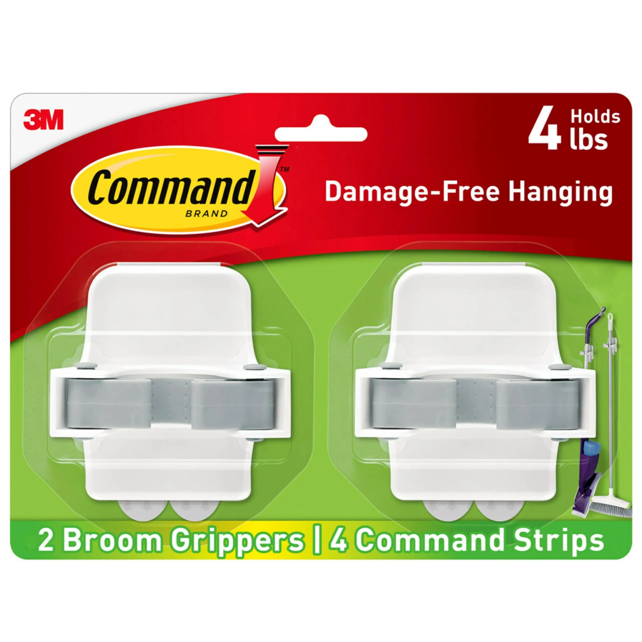 Command Broom & Mop Grippers, 2 Hangers with 4 Strips - White (Holds 4 lb)
