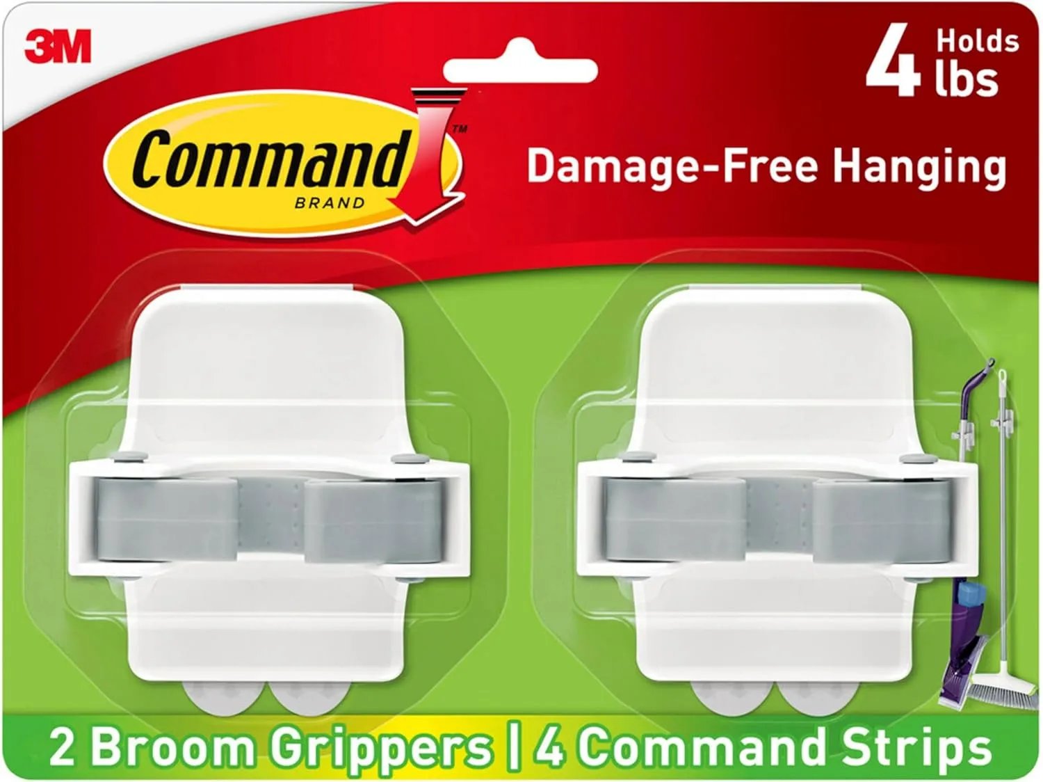 Command Broom & Mop Grippers, 2 Hangers with 4 Strips - White (Holds 4 lb)