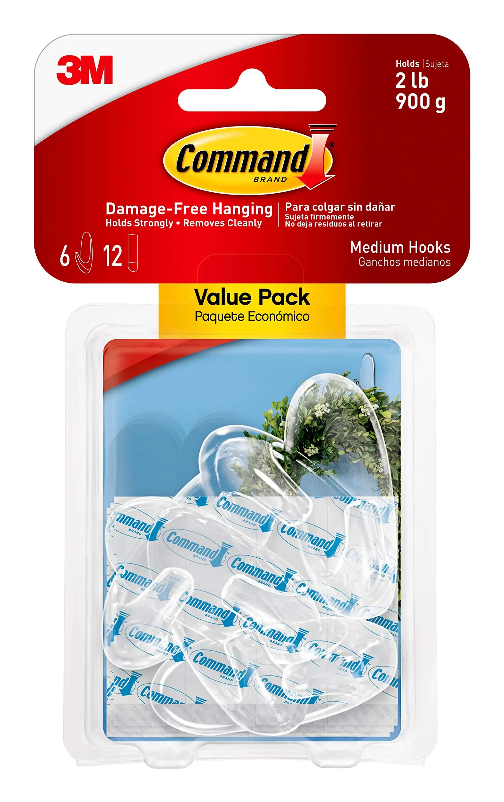 Command Removable Hooks, Medium, Clear, 6-Pack