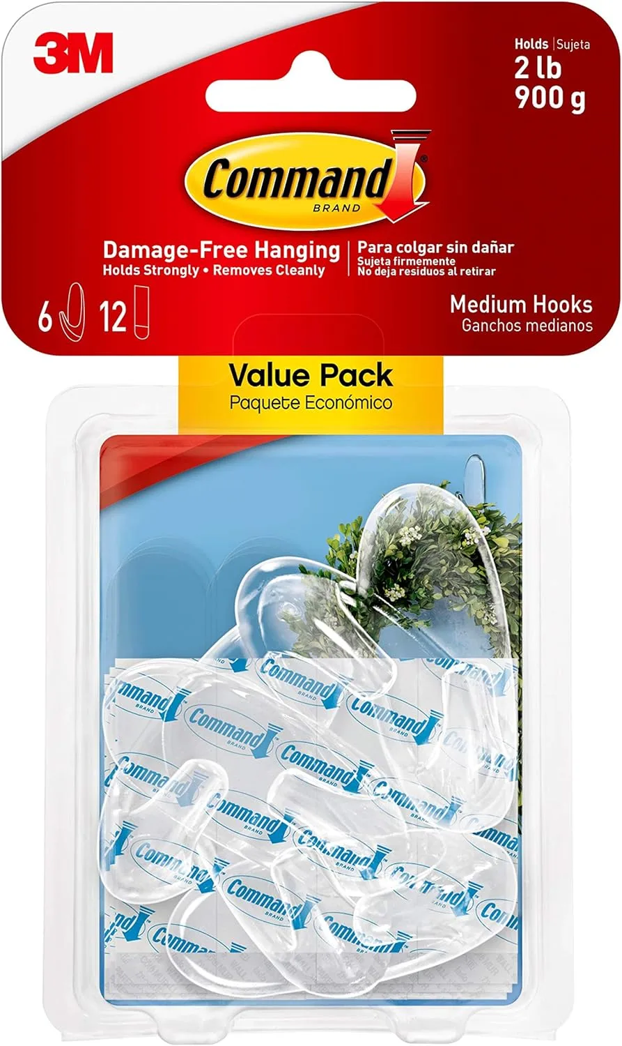 Command Removable Hooks, Medium, Clear, 6-Pack