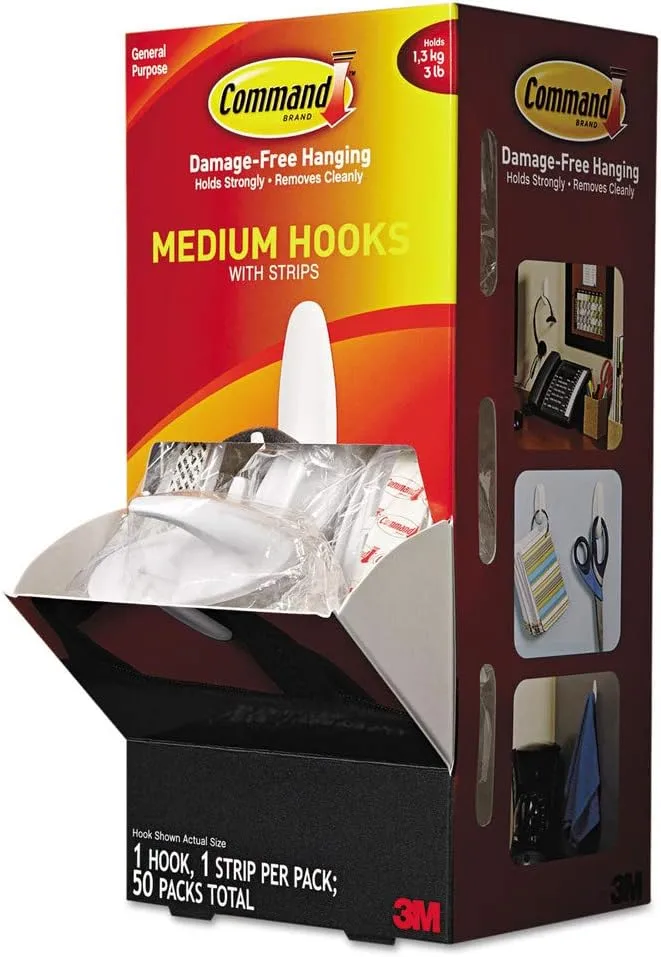 Command Medium Designer Hooks - 50 Hooks & Strips, 3 lb Capacity, White