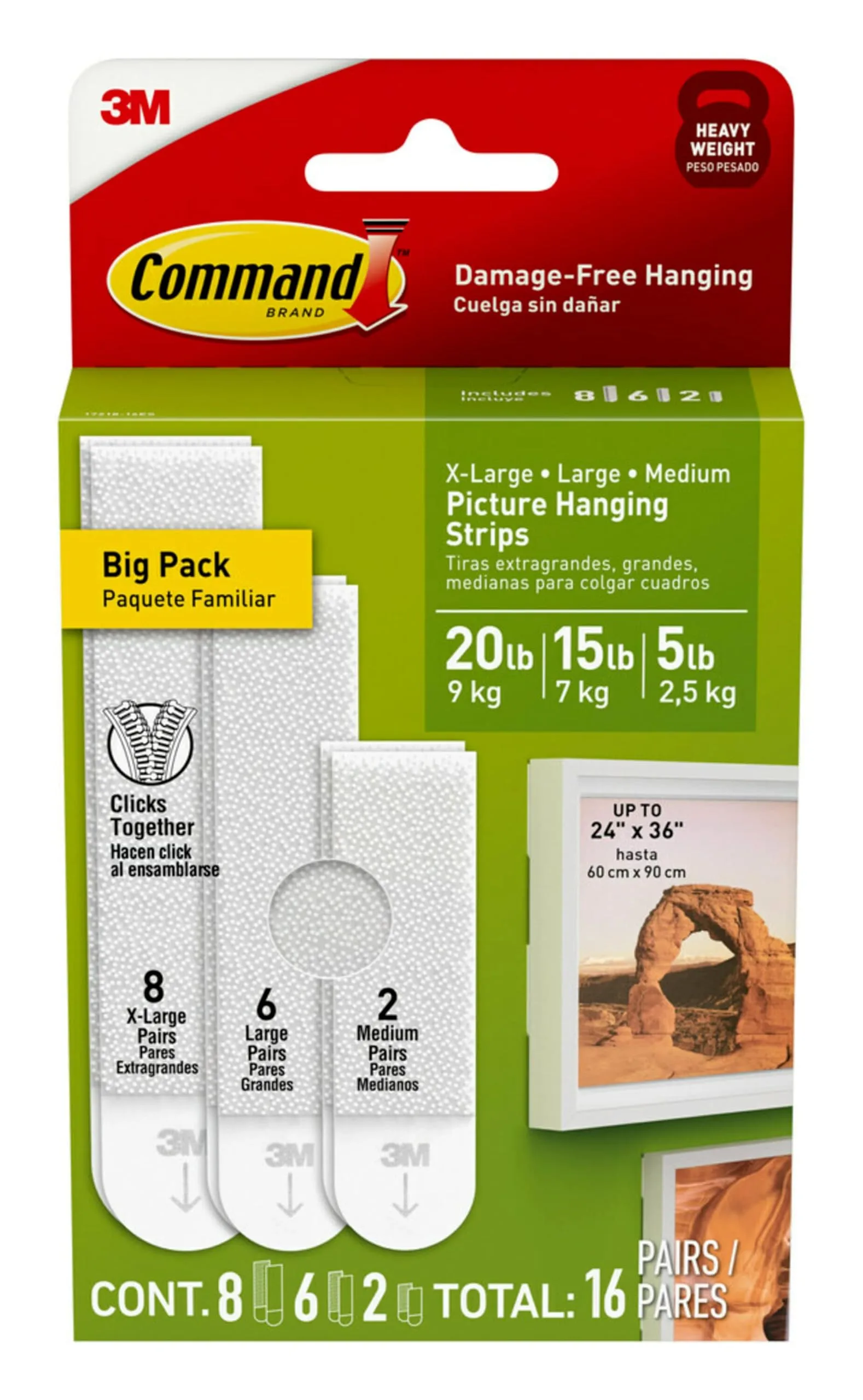 Command X-Large (20 Lb) & Large (15 Lb) & Medium (10 Lb) Picture Hanging Strips, White, 16 Pairs (32 Strips), 1721816ES