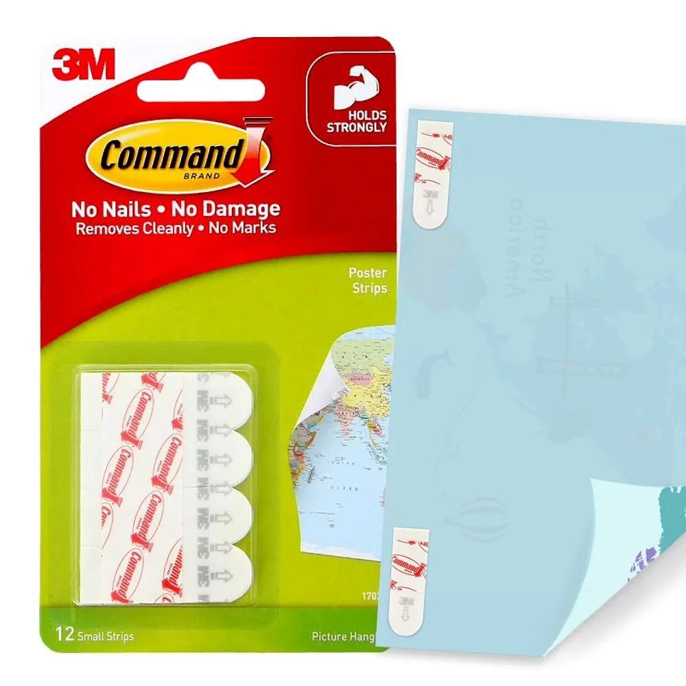 Command Poster Strips, Removable, Holds Up to 1 Lb Per Pair, 0.63 X 1.75, White, 12/Pack