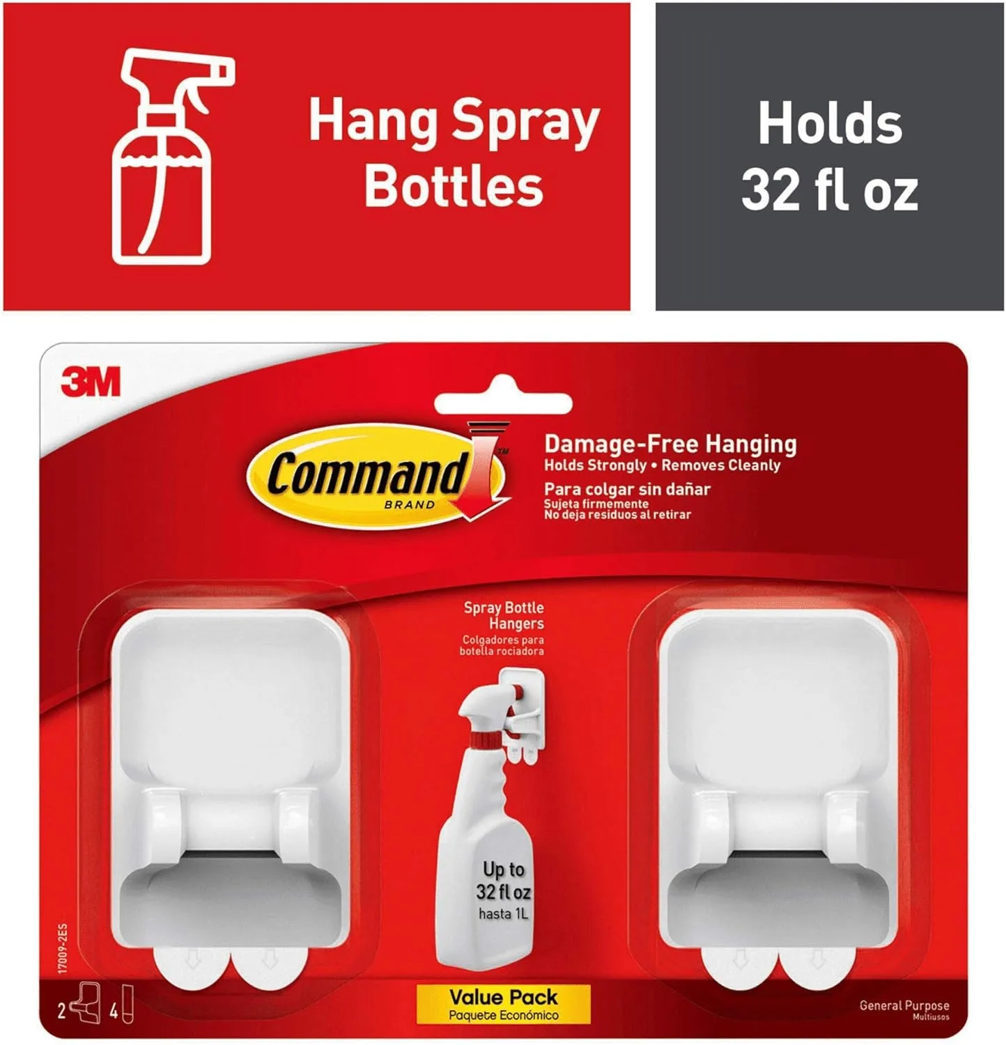 Command Spray Bottle Hangers, 2 Pack, White, with 4 Adhesive Strips