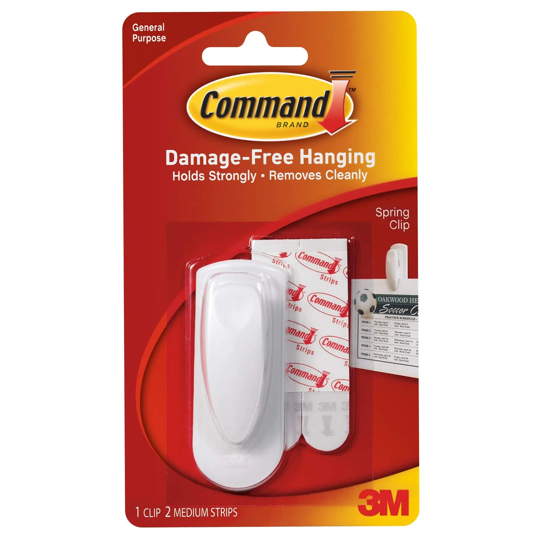Command Spring Clip, 1 Clip, 2 White Adhesive Strips, Damage Free Hanging Picture Hangers, No Tools Wall Hanging Strips For Living Spaces