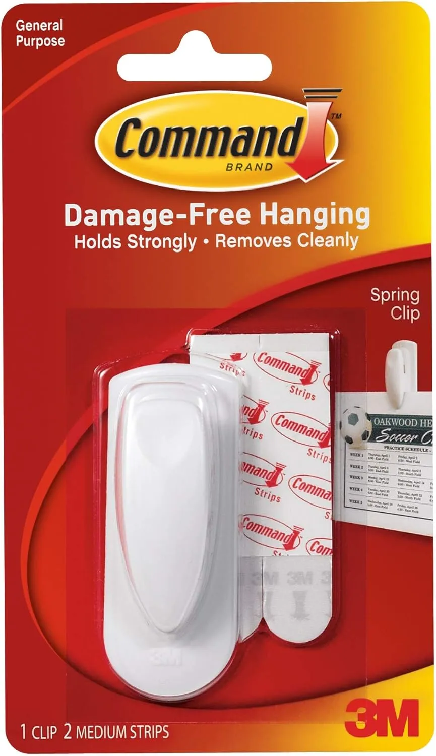 Command Spring Clip, 1 Clip, 2 White Adhesive Strips, Damage Free Hanging Picture Hangers, No Tools Wall Hanging Strips For Living Spaces
