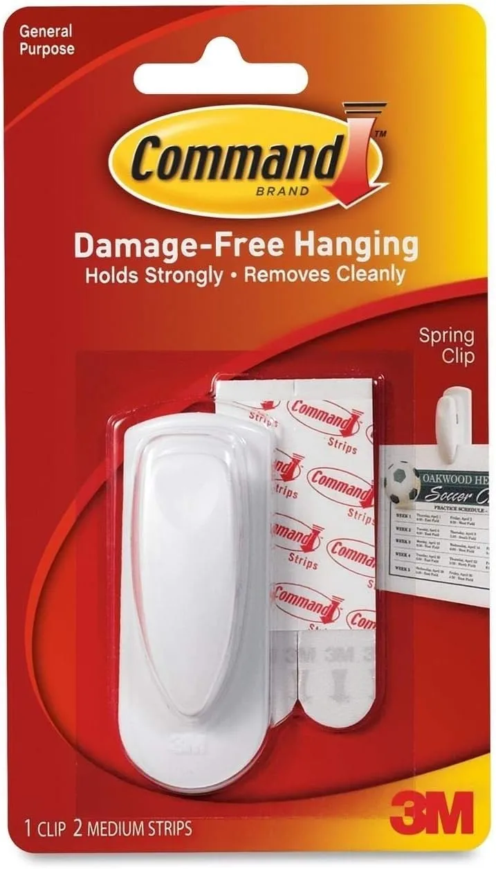 Command Spring Clip, 1 Clip, 2 White Adhesive Strips, Damage Free Hanging Picture Hangers, No Tools Wall Hanging Strips For Living Spaces