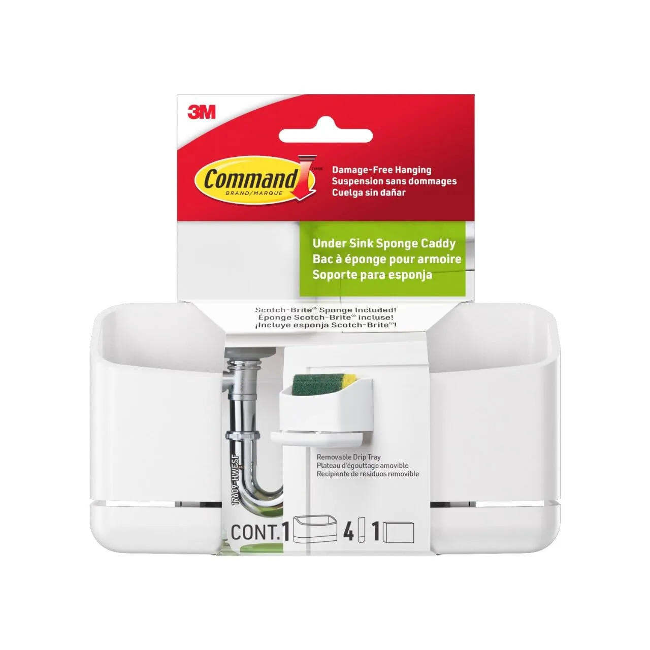 Command Under Sink Sponge Caddy, 9.38in H x 12in W x 7.75in D, White, 1 Pack